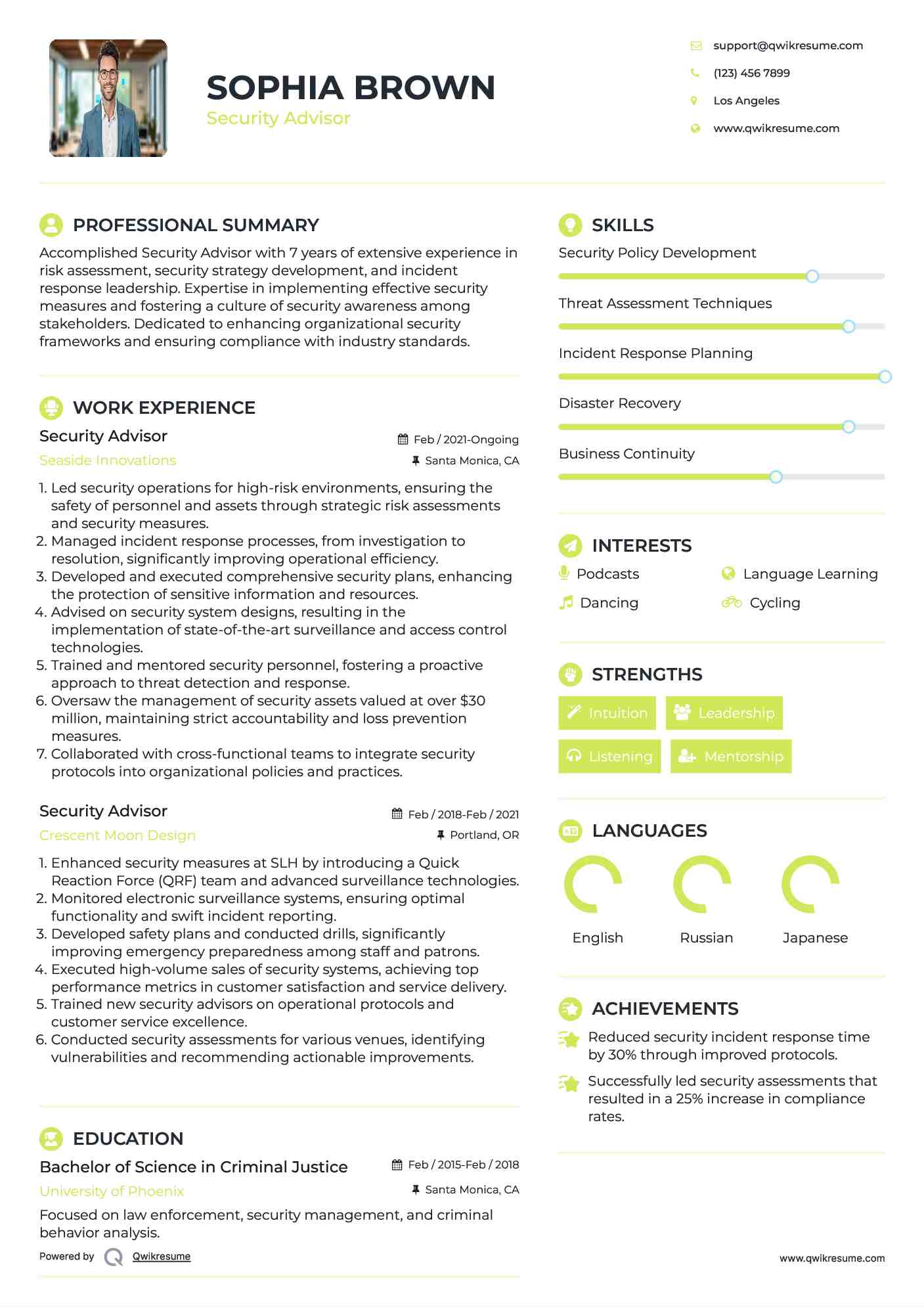 Security Advisor Resume Example