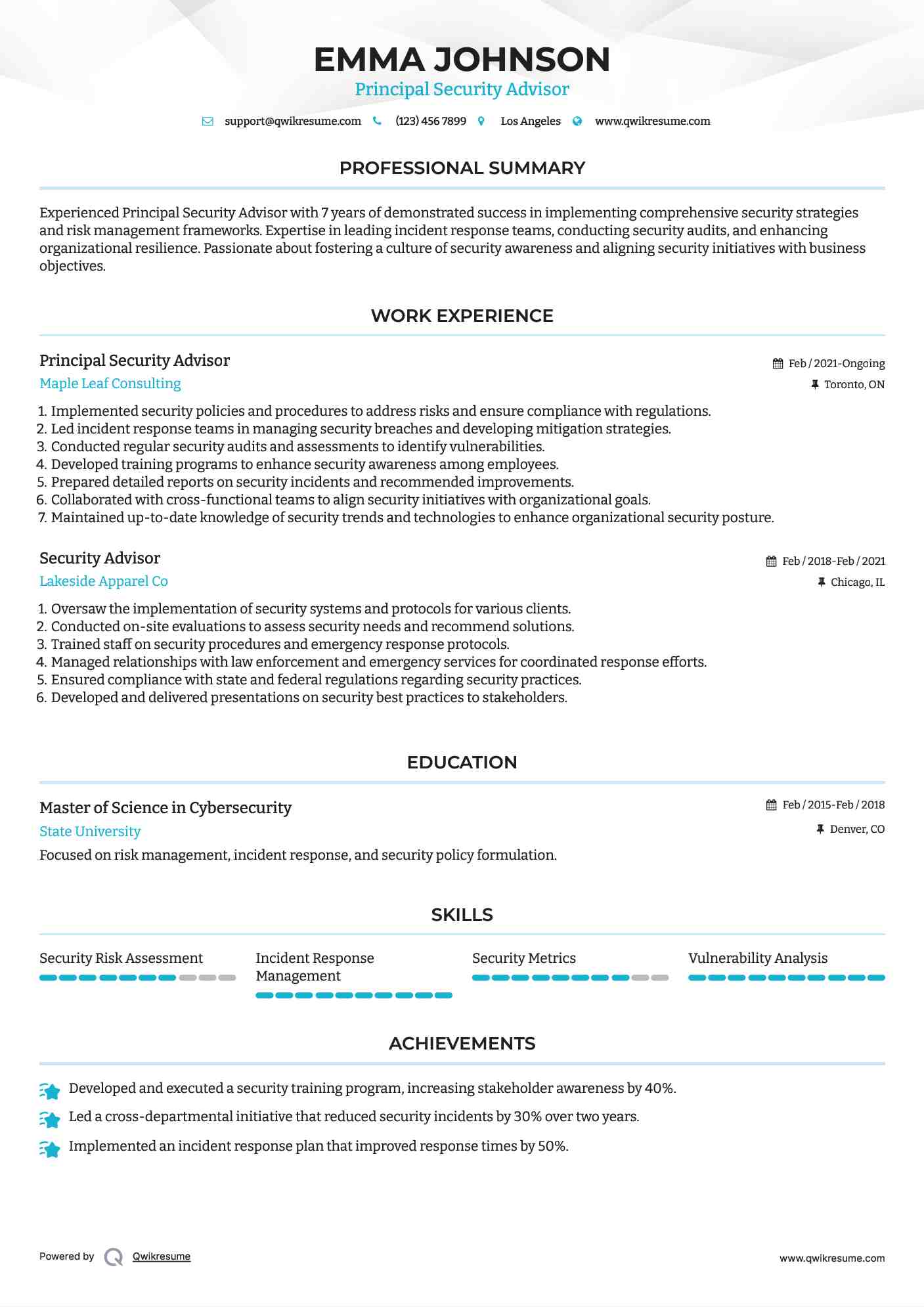 Principal Security Advisor Resume Sample