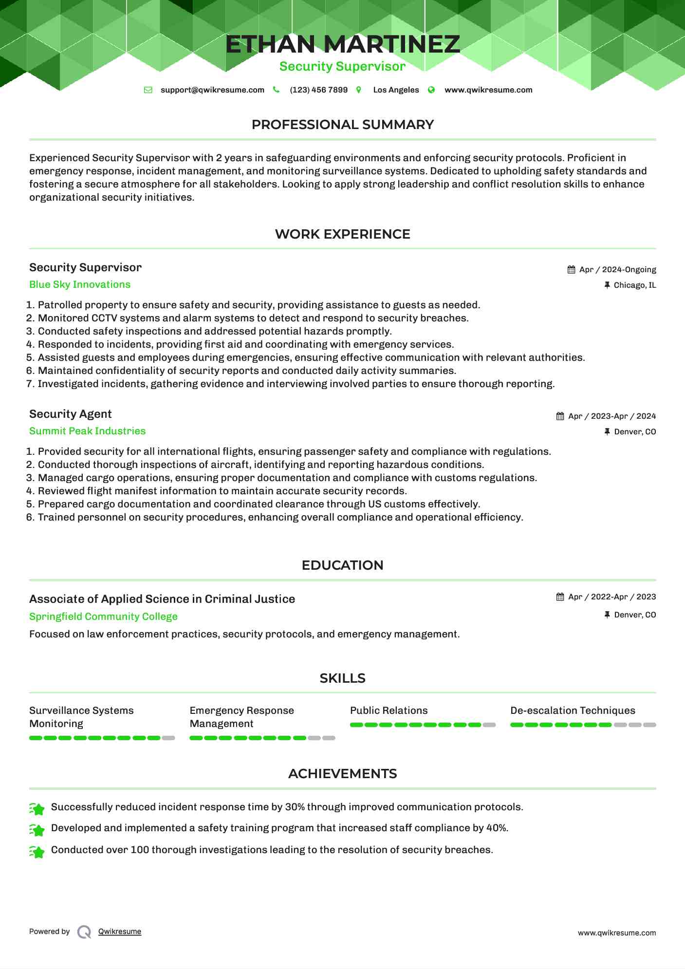 Security Supervisor Resume Sample