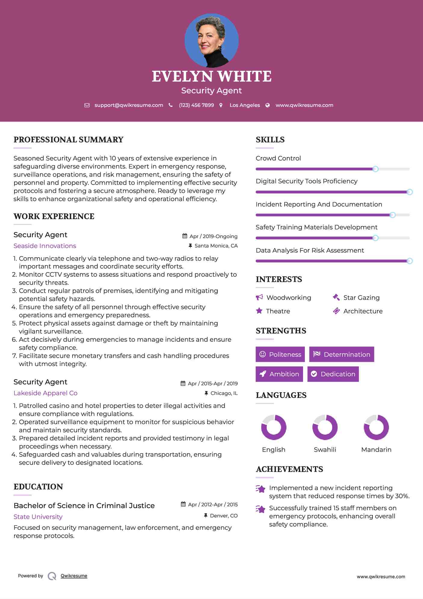 Security Agent Resume Model