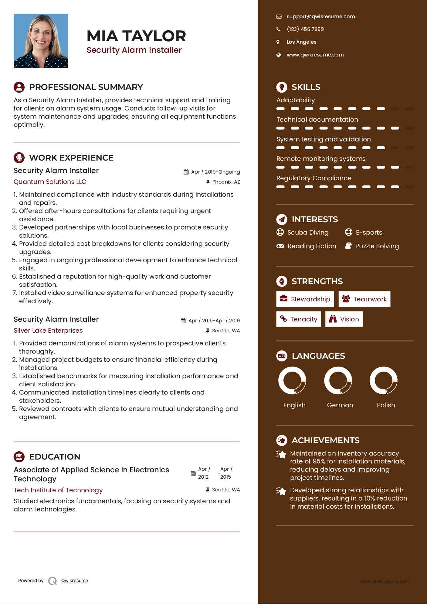 Security Alarm Installer Resume Sample