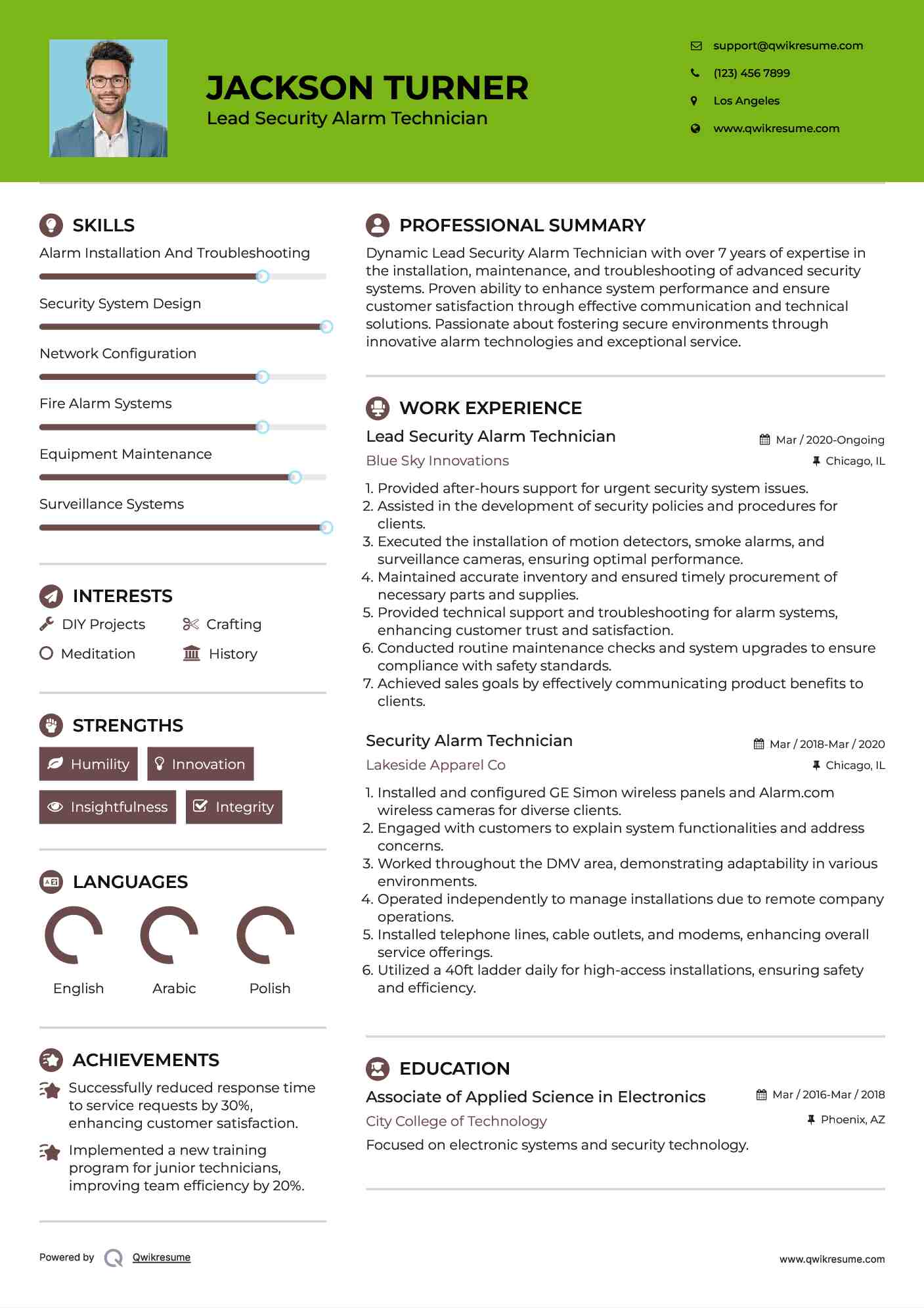 Lead Security Alarm Technician
 Resume Format