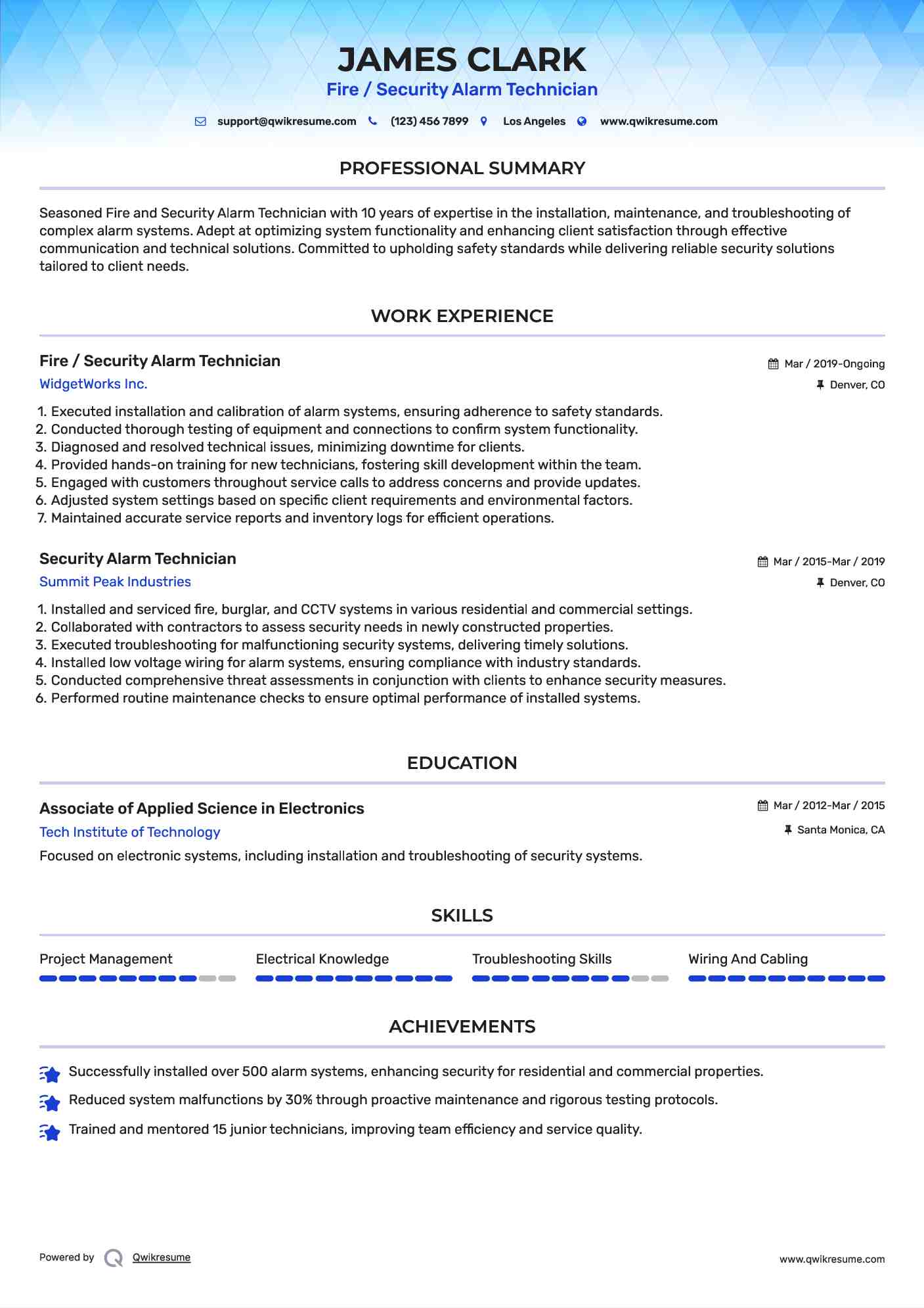 Fire / Security Alarm Technician
 Resume Sample