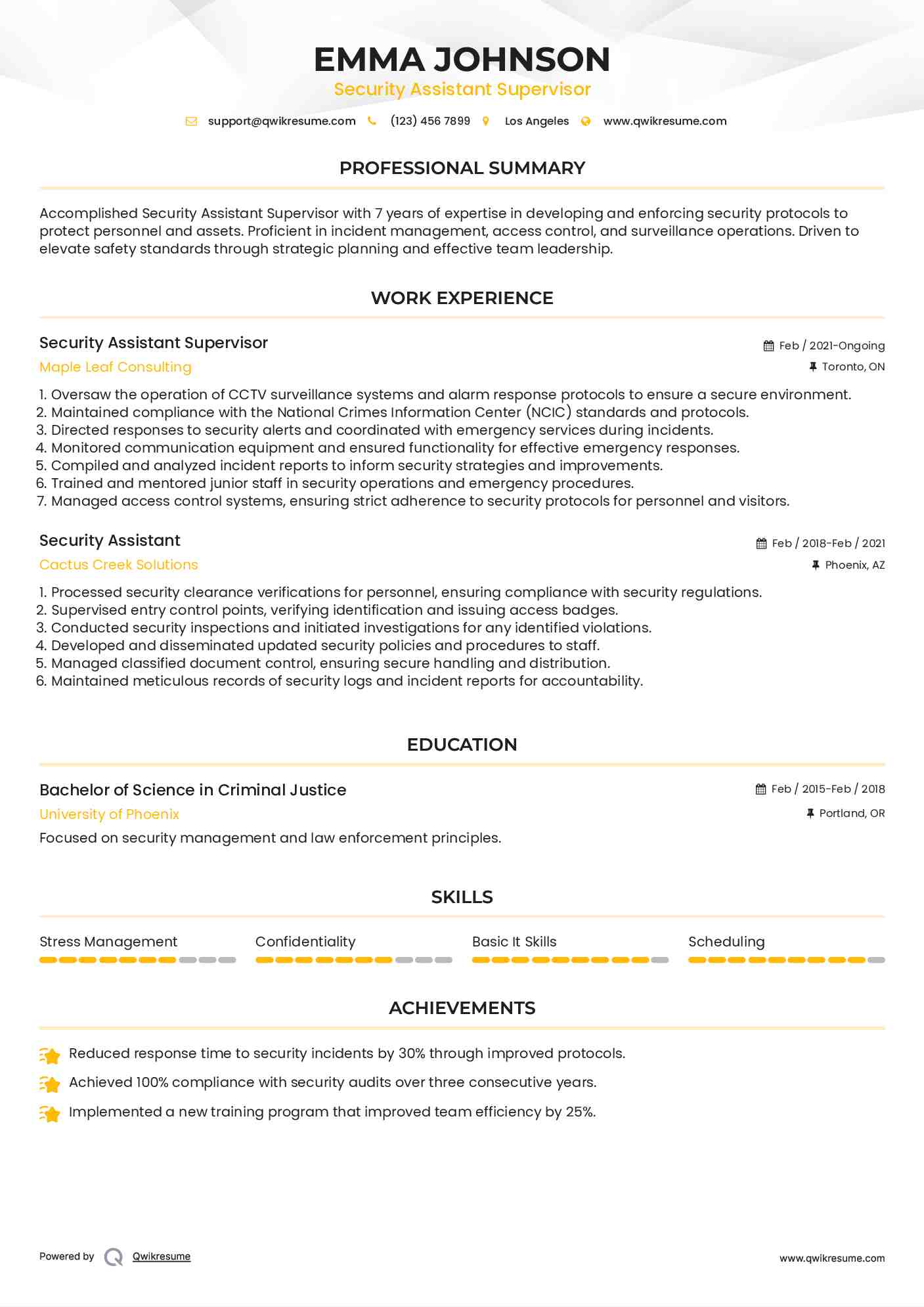 Security Assistant Supervisor Resume Template