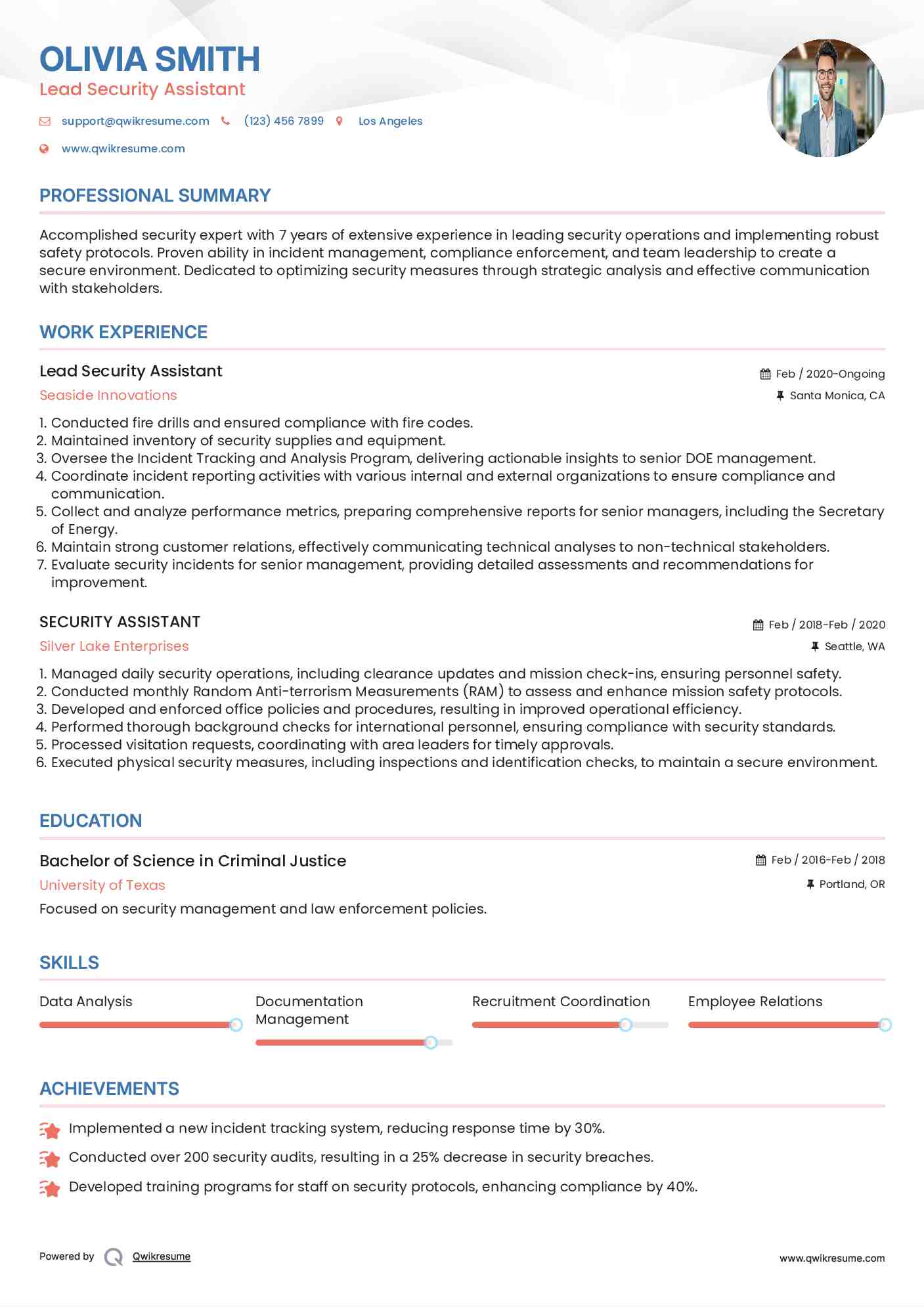 Lead Security Assistant Resume Sample