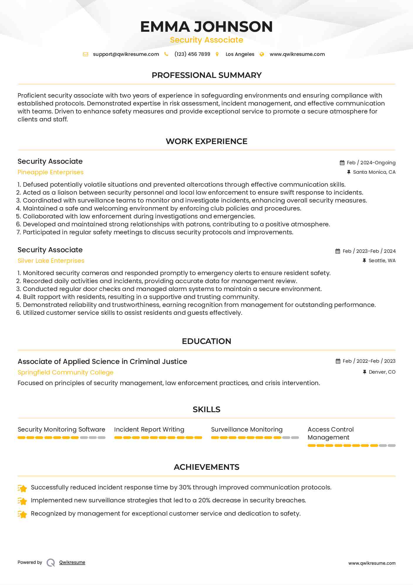 Security Associate Resume Sample