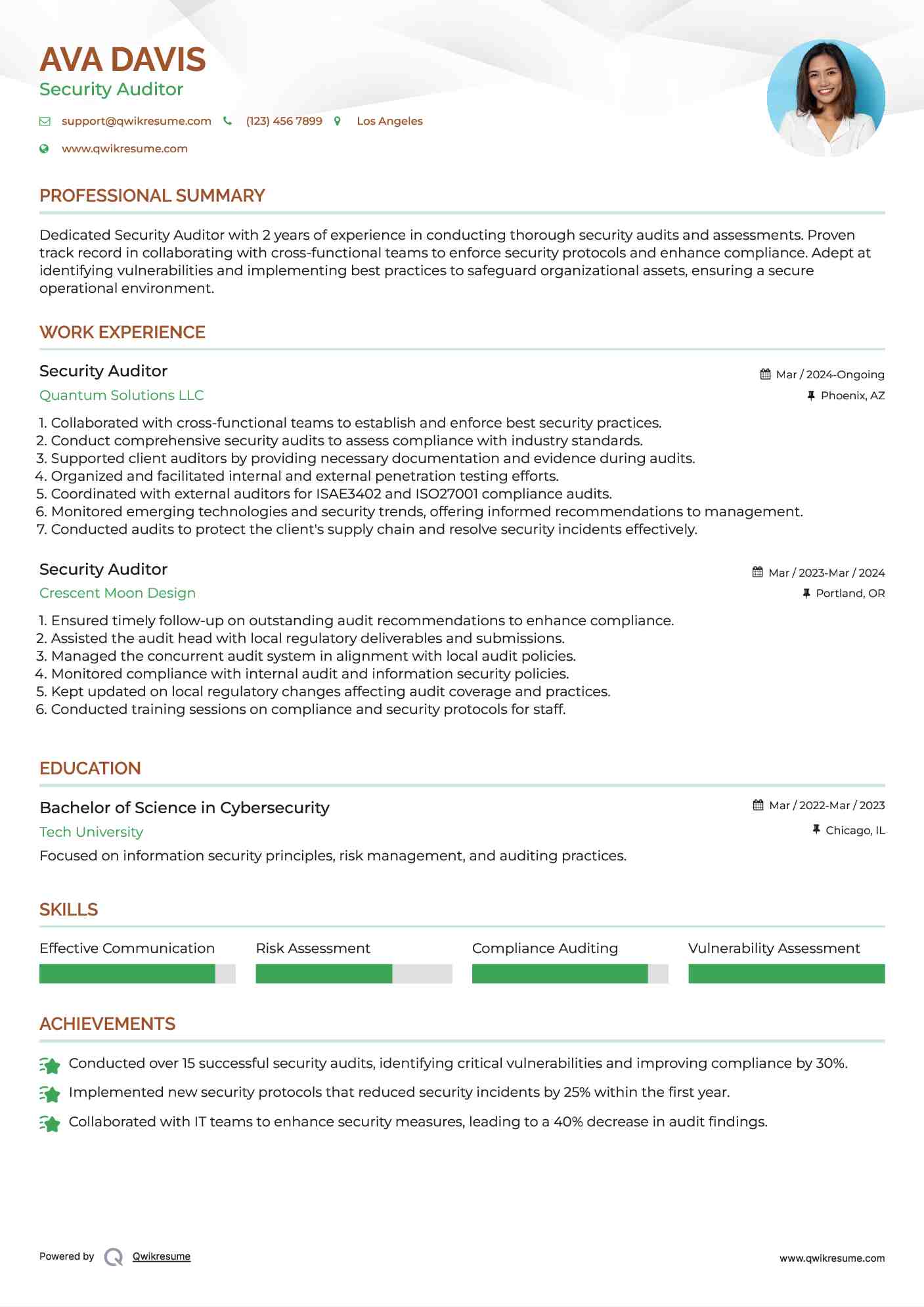 Security Auditor Resume Sample