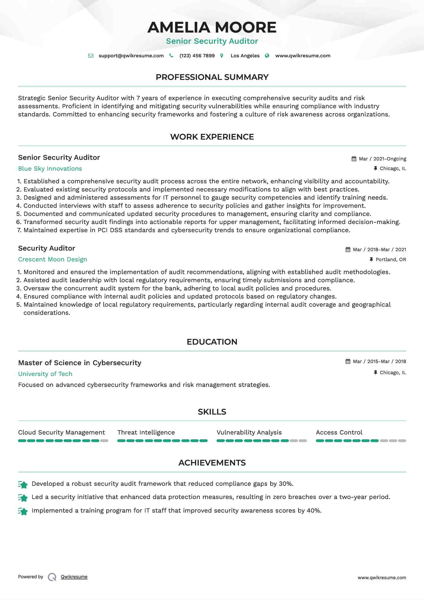 Senior Security Auditor Resume Format