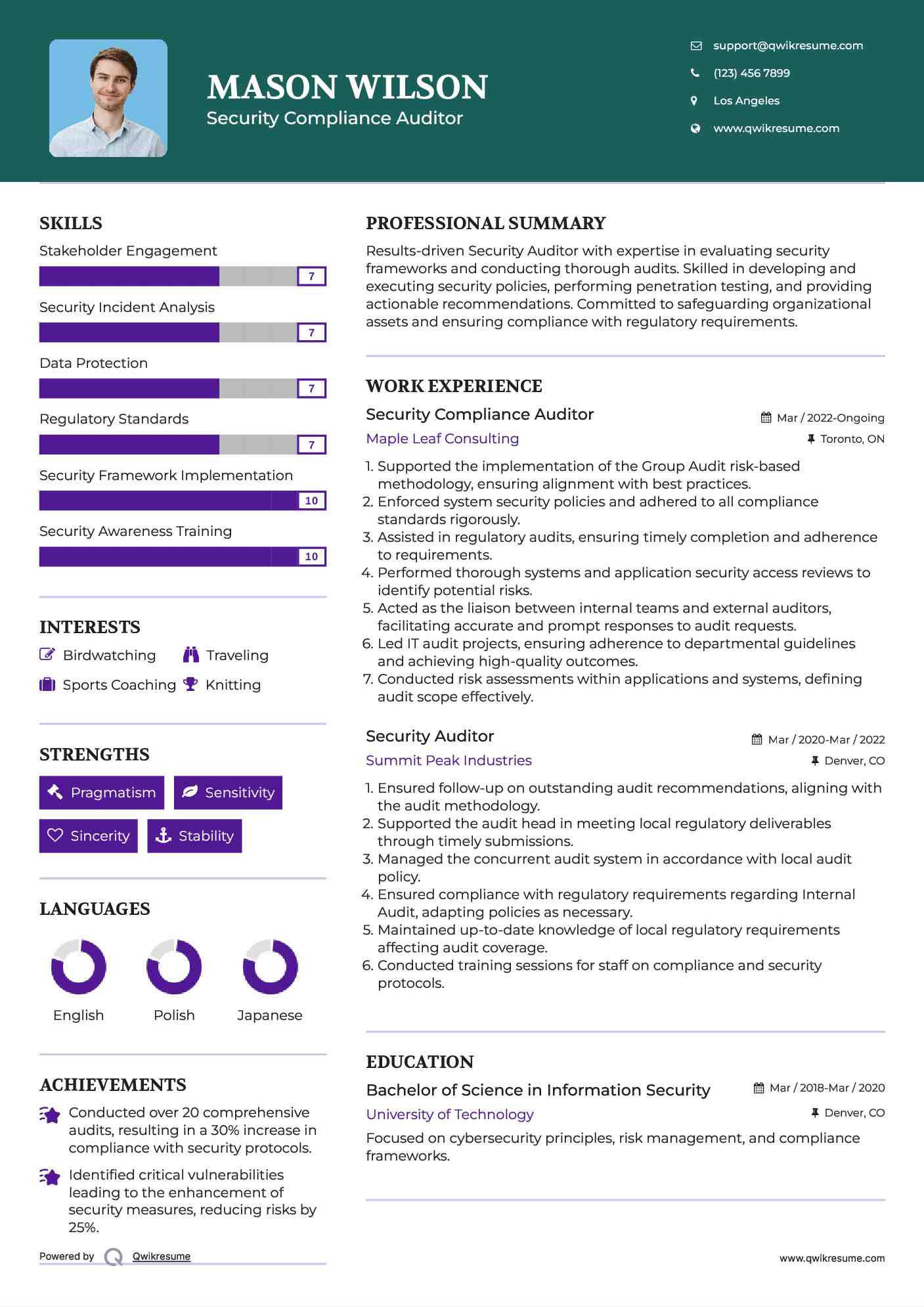 Security Compliance Auditor Resume Example