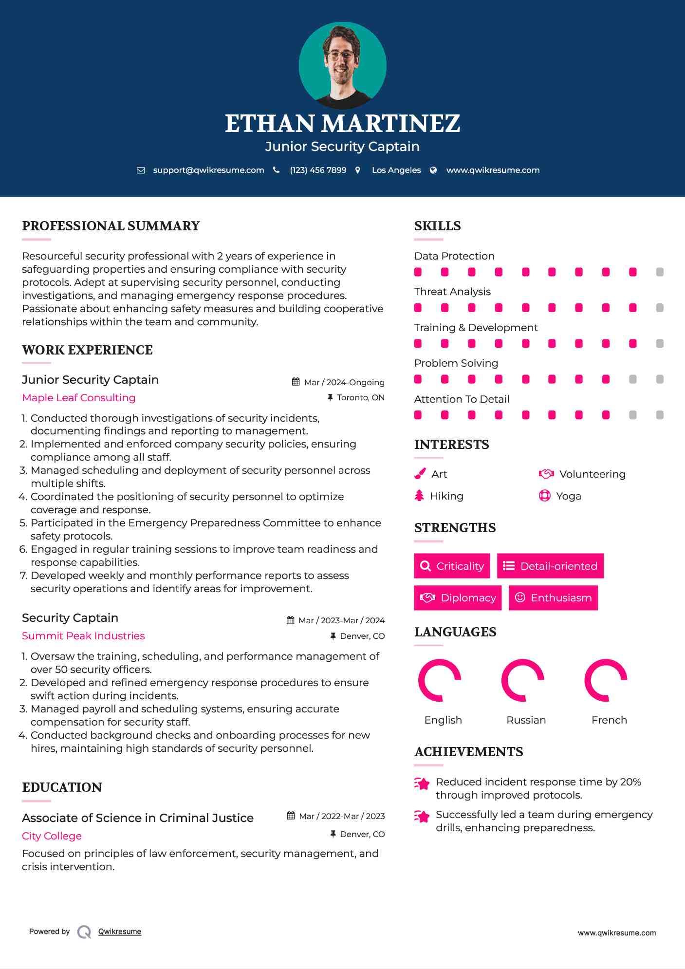 Junior Security Captain Resume Model