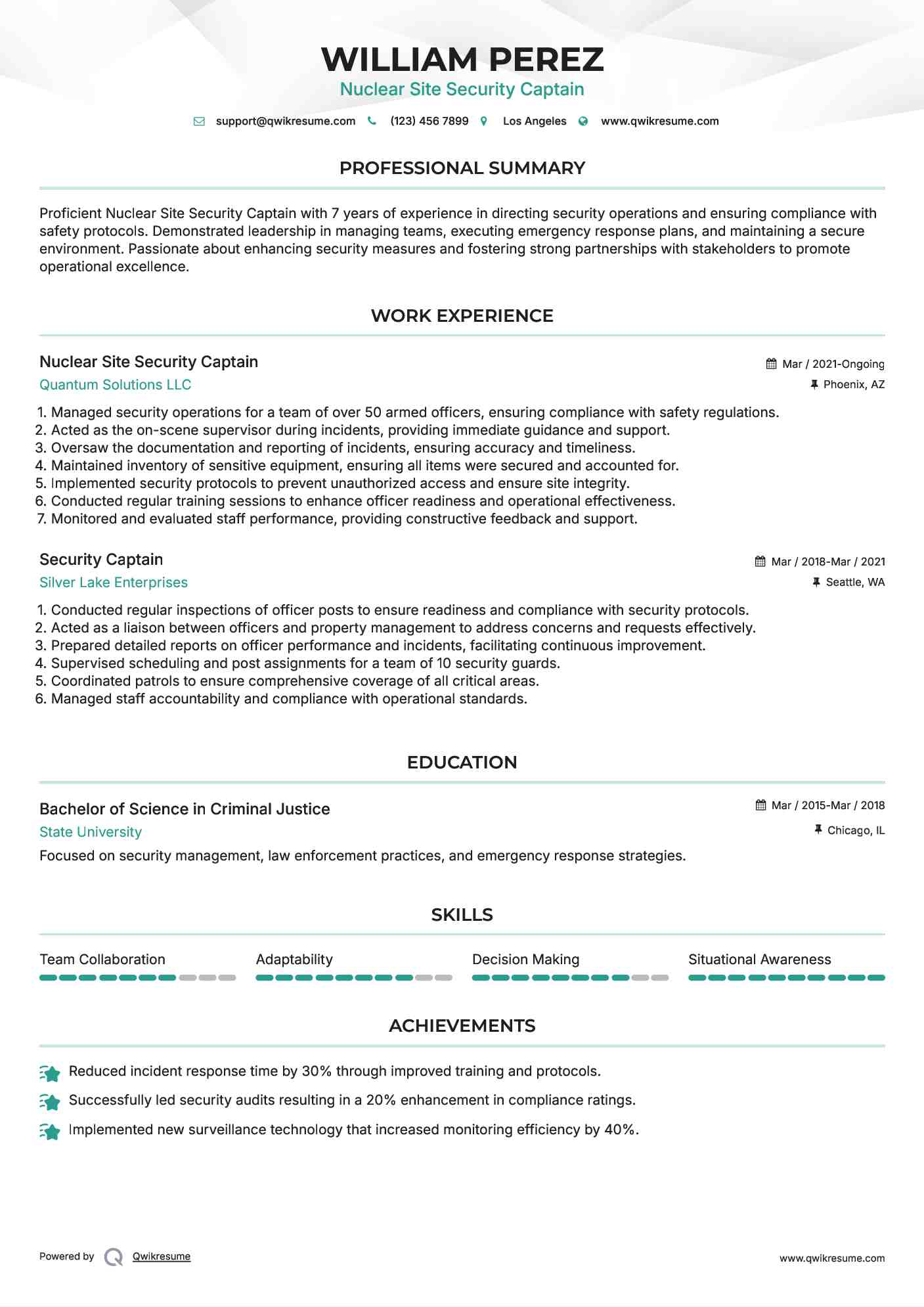Nuclear Site Security Captain
 Resume Format