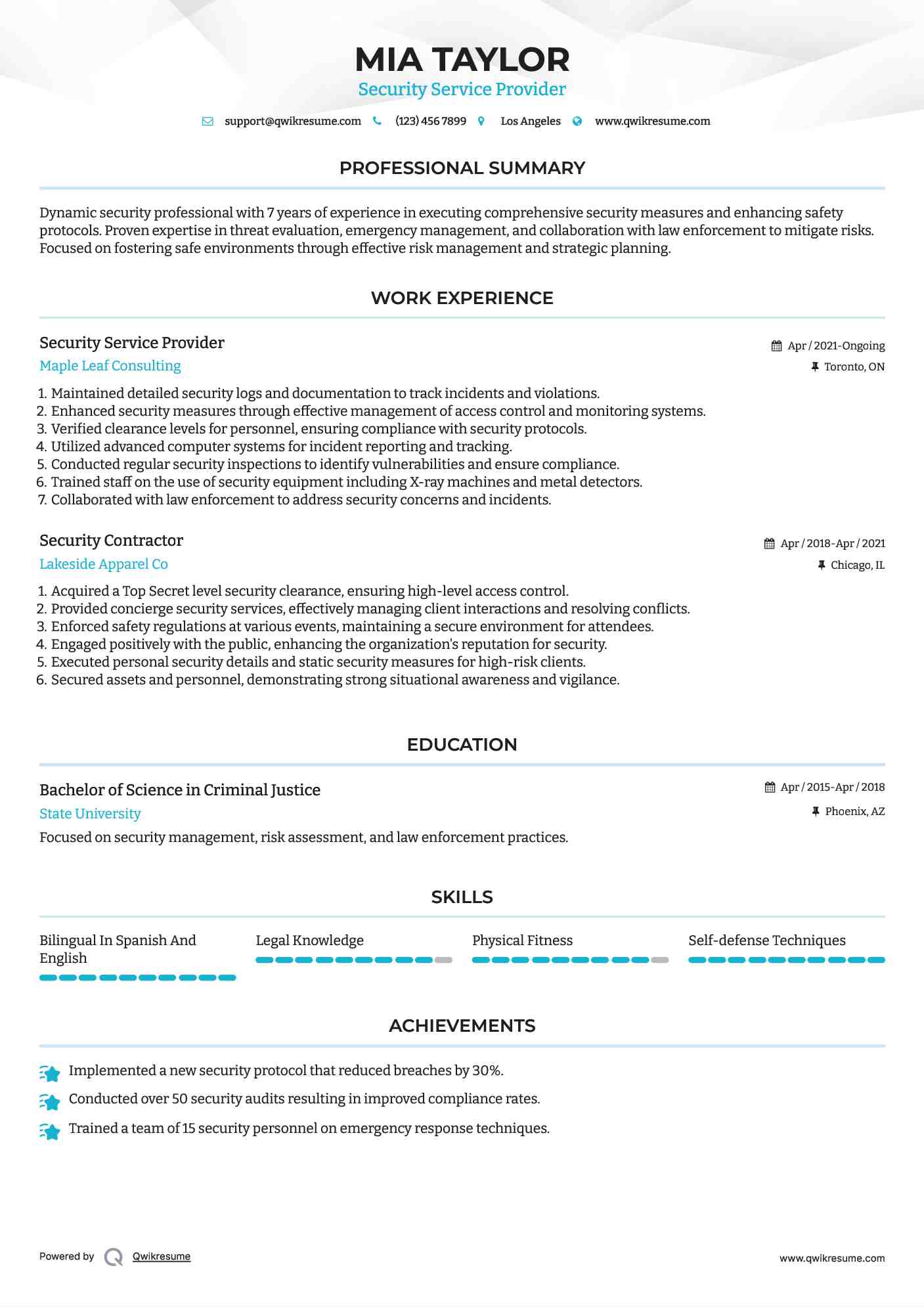 Security Service Provider Resume Template