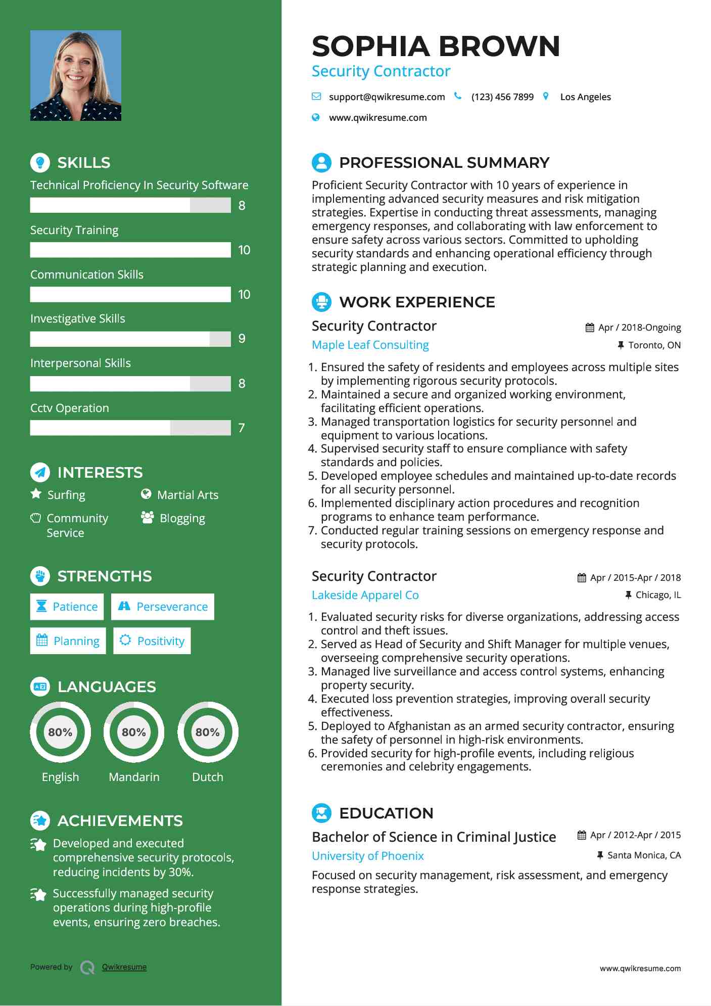 Security Contractor Resume Model