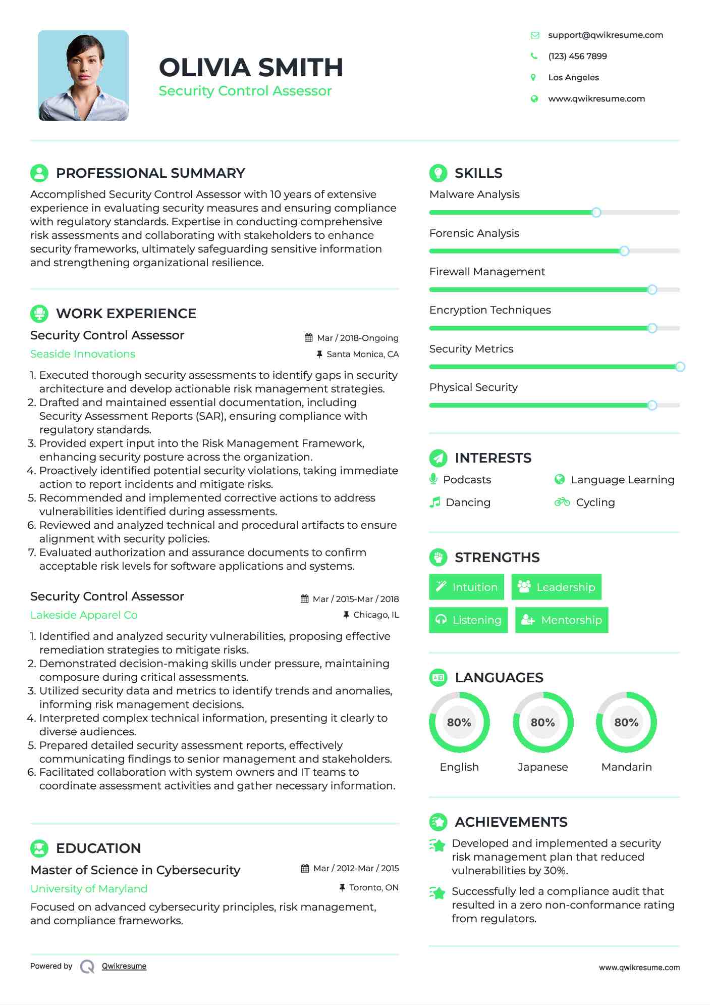 Security Control Assessor Resume Example