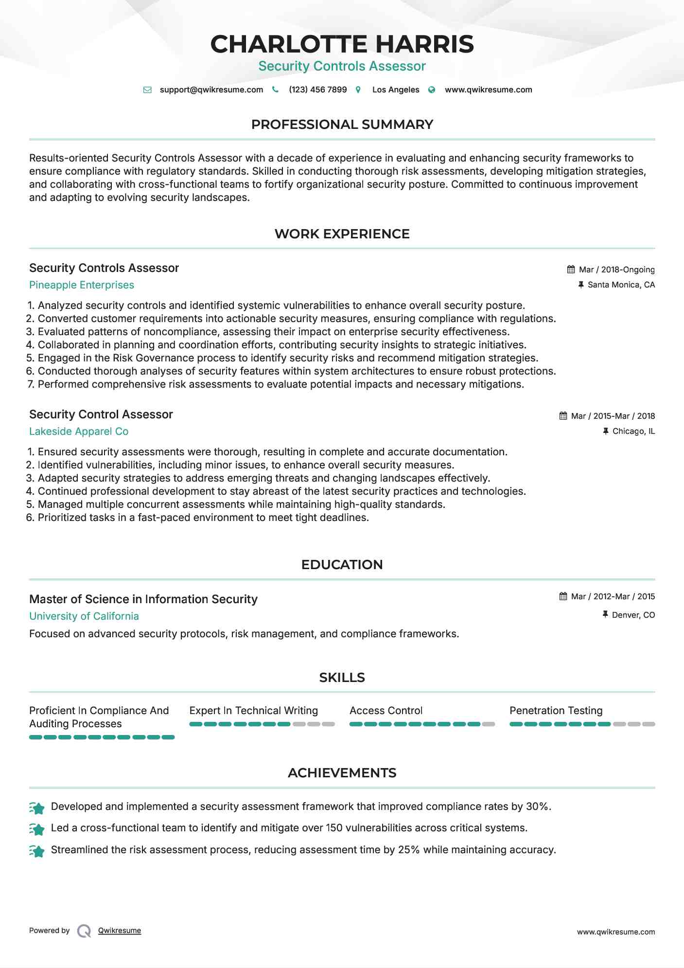 Security Controls Assessor Resume Format