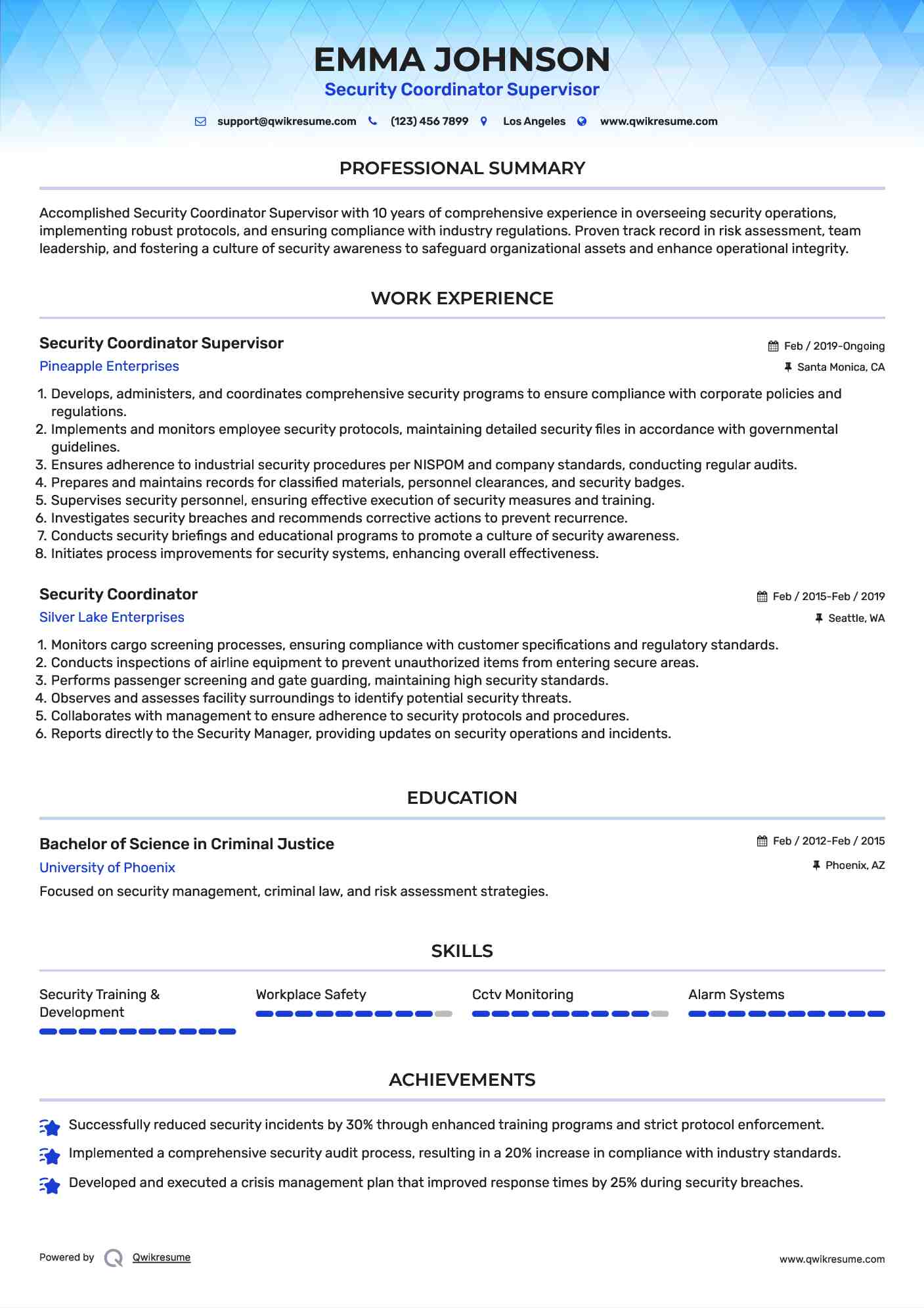 Security Coordinator Supervisor Resume Example