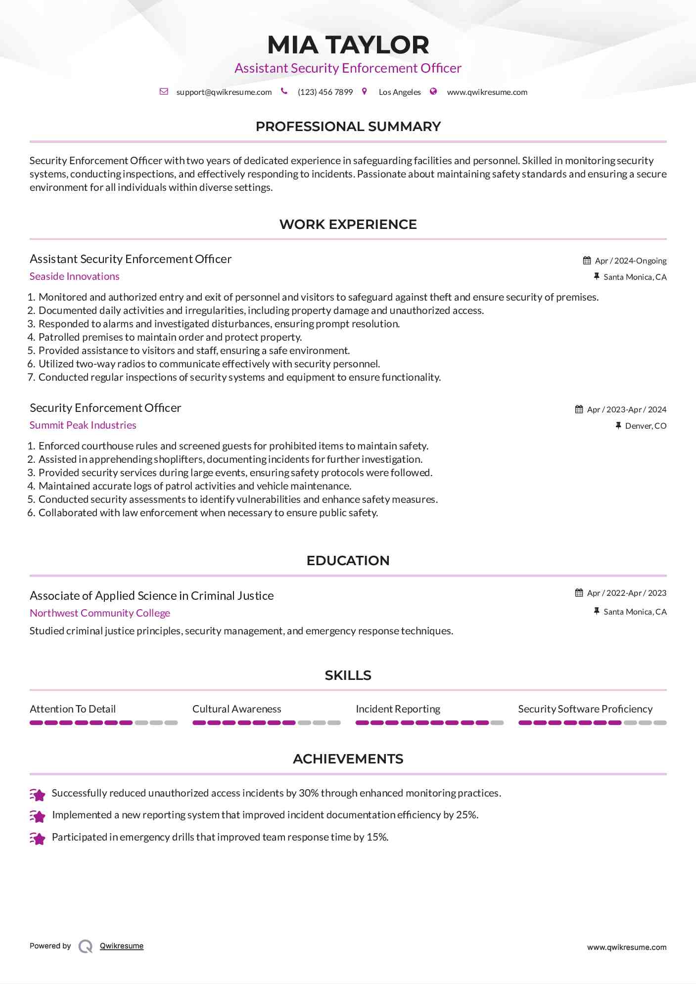 Assistant Security Enforcement Officer Resume Model