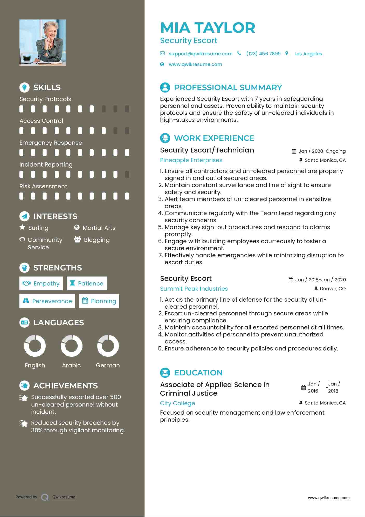 Security Escort/Technician Resume Example