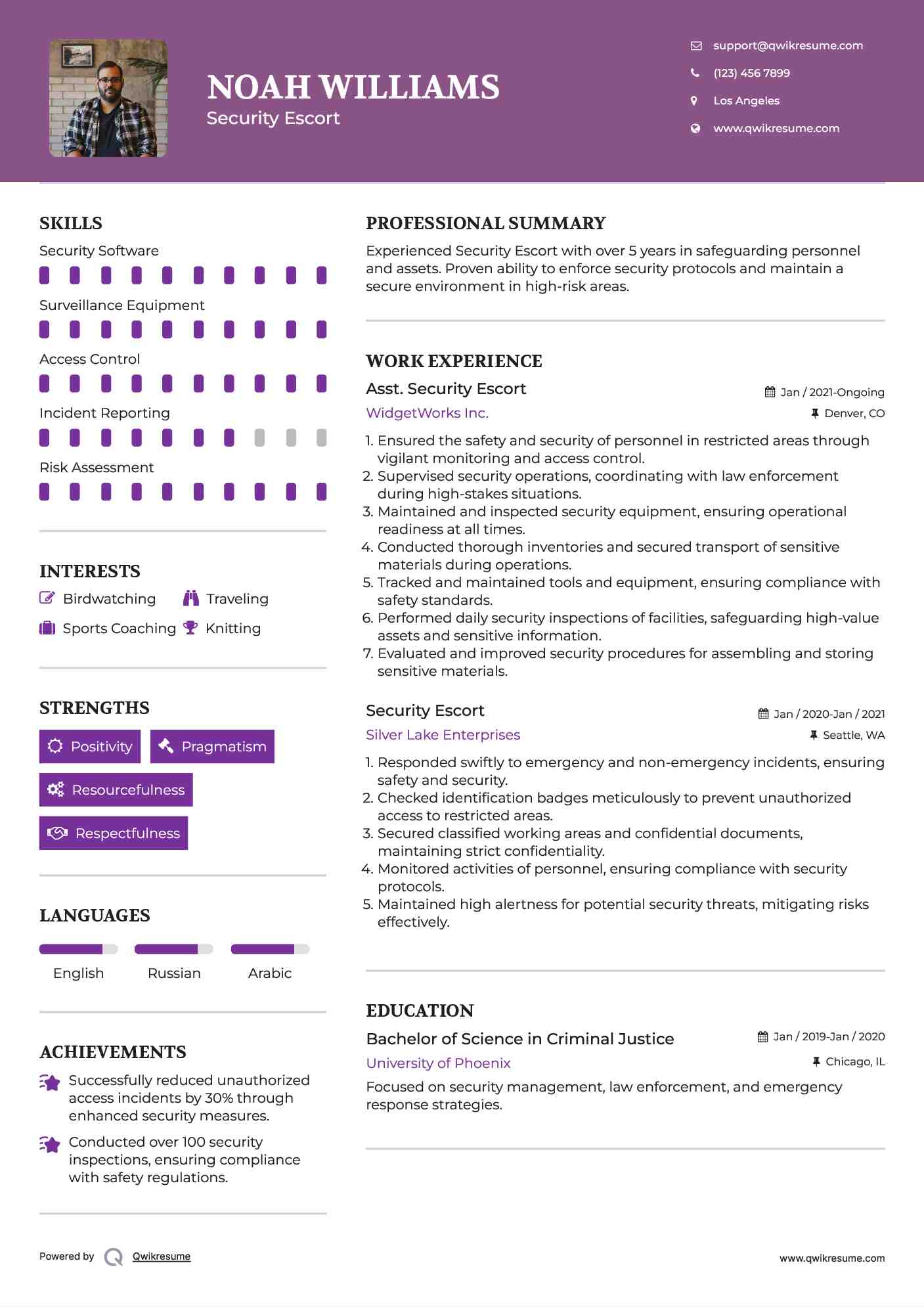 Asst. Security Escort Resume Sample