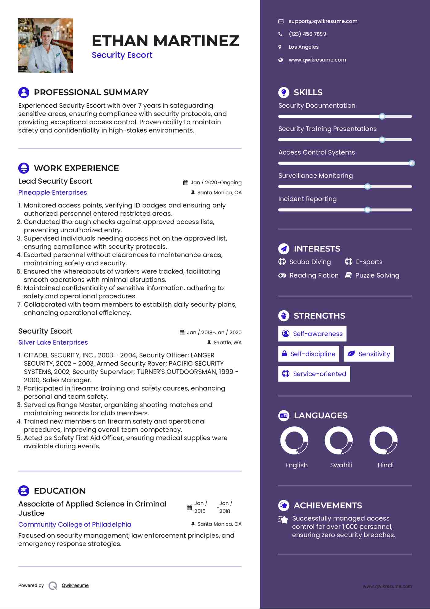 Lead Security Escort Resume Format