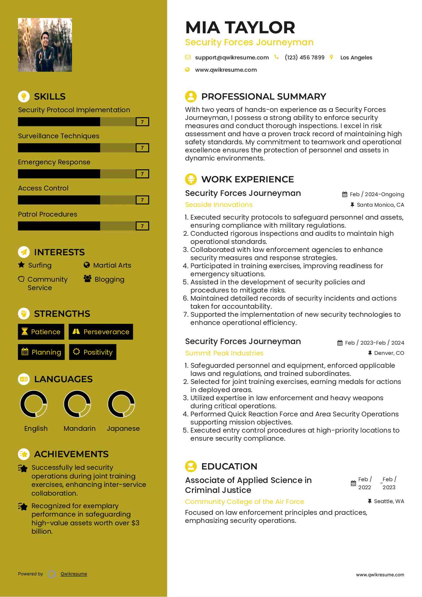 Security Forces Journeyman Resume Template