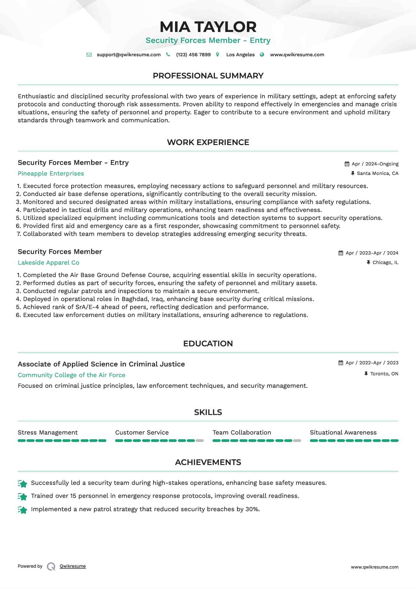 Security Forces Member - Entry Resume Sample