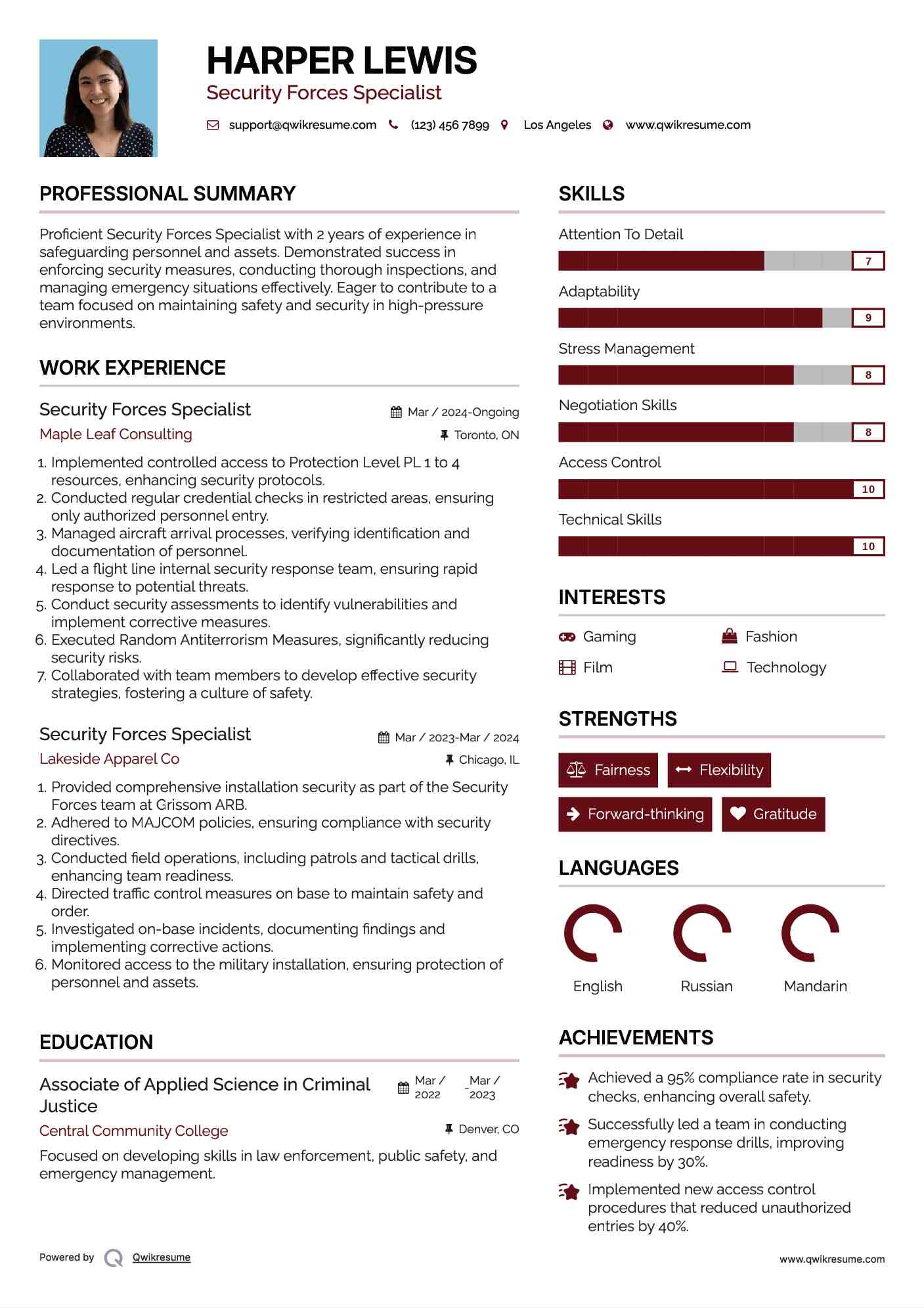 Security Forces Specialist Resume Sample