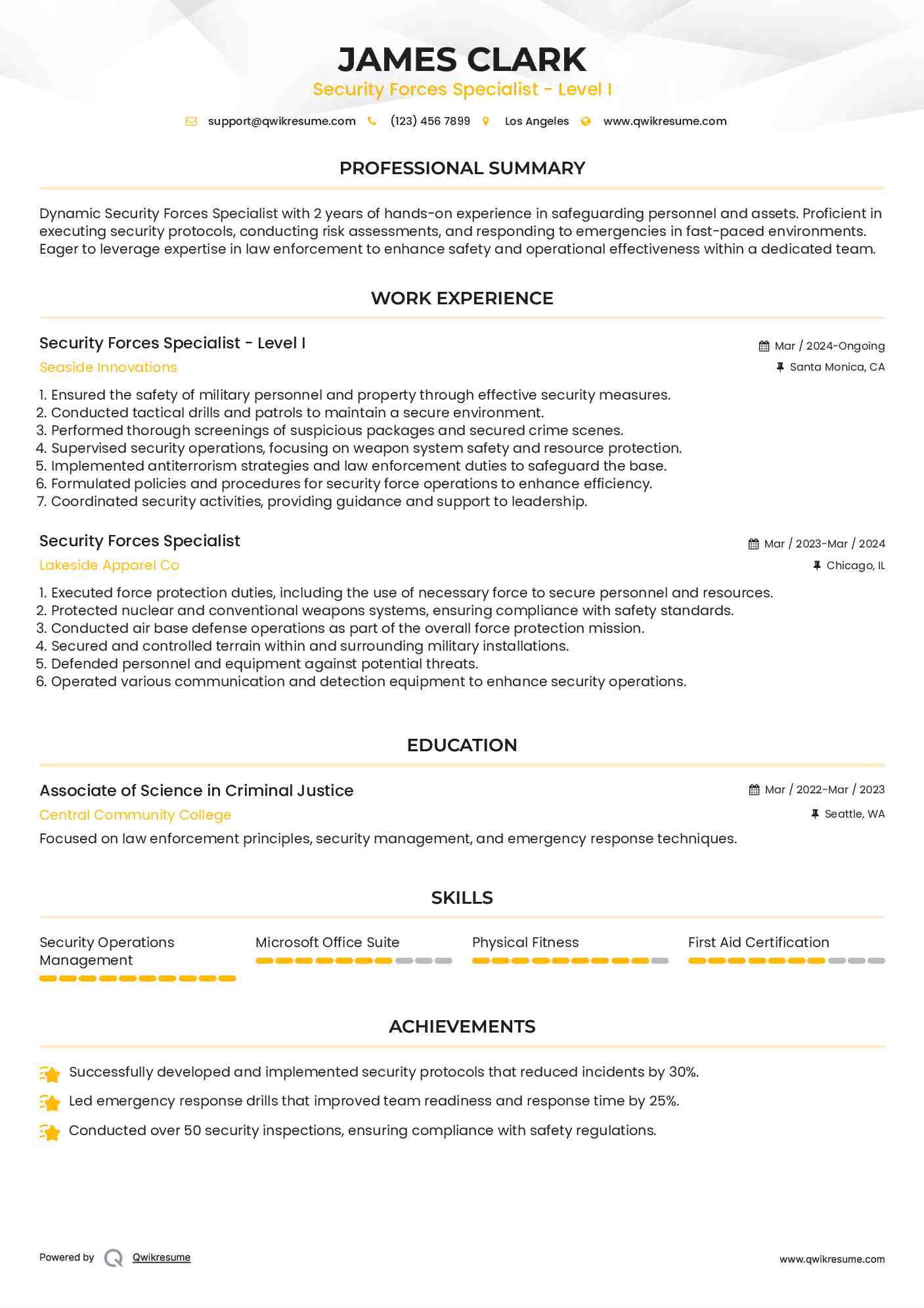 Security Forces Specialist - Level I Resume Model