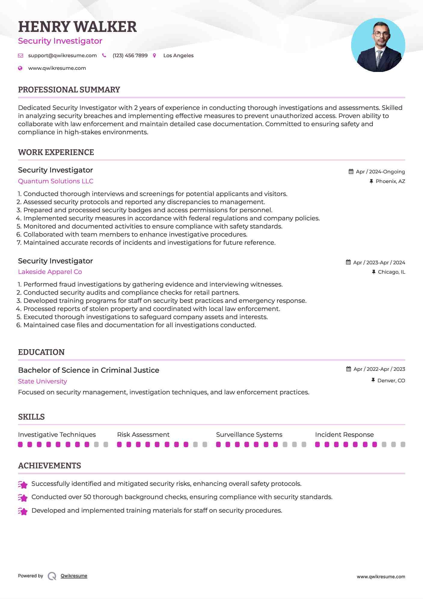 Security Investigator Resume Example