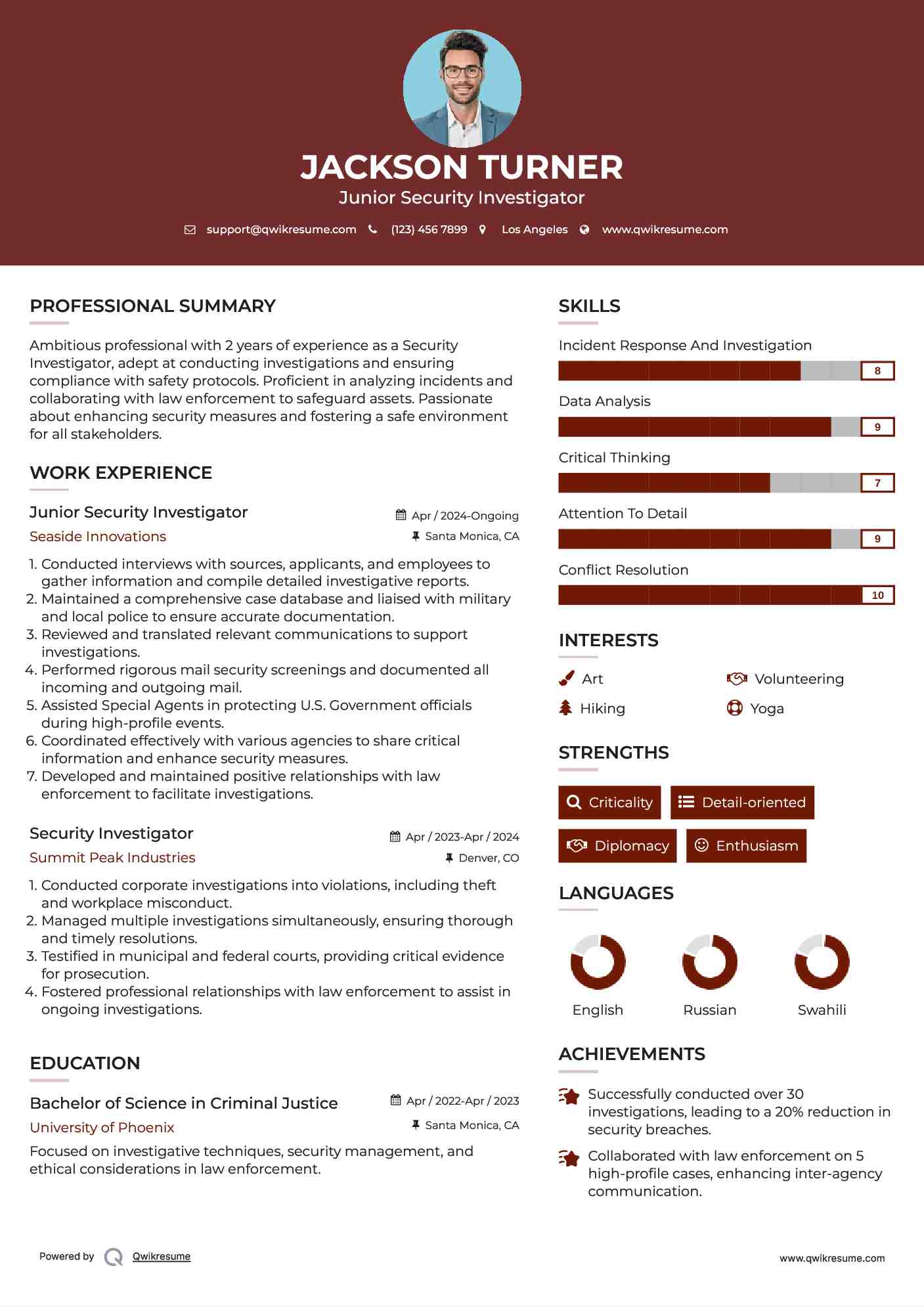 Junior Security Investigator Resume Sample