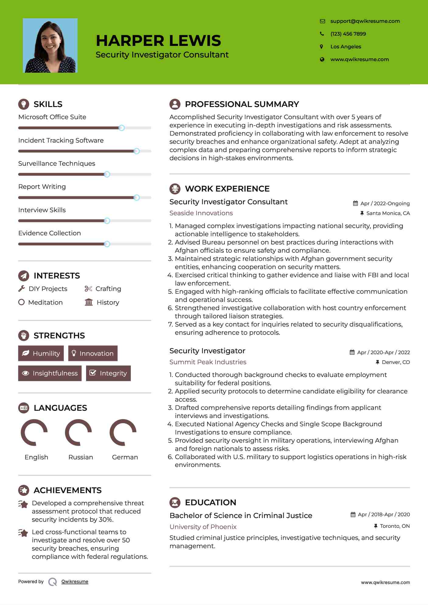 Security Investigator Consultant Resume Sample