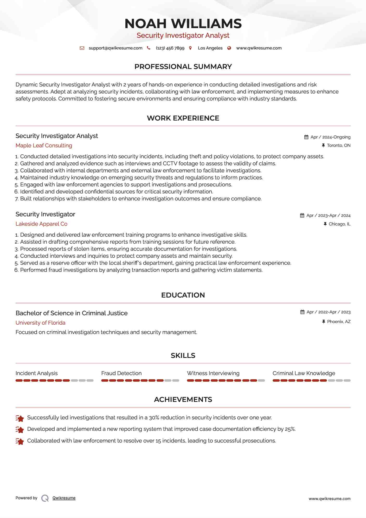 Security Investigator Analyst Resume Format