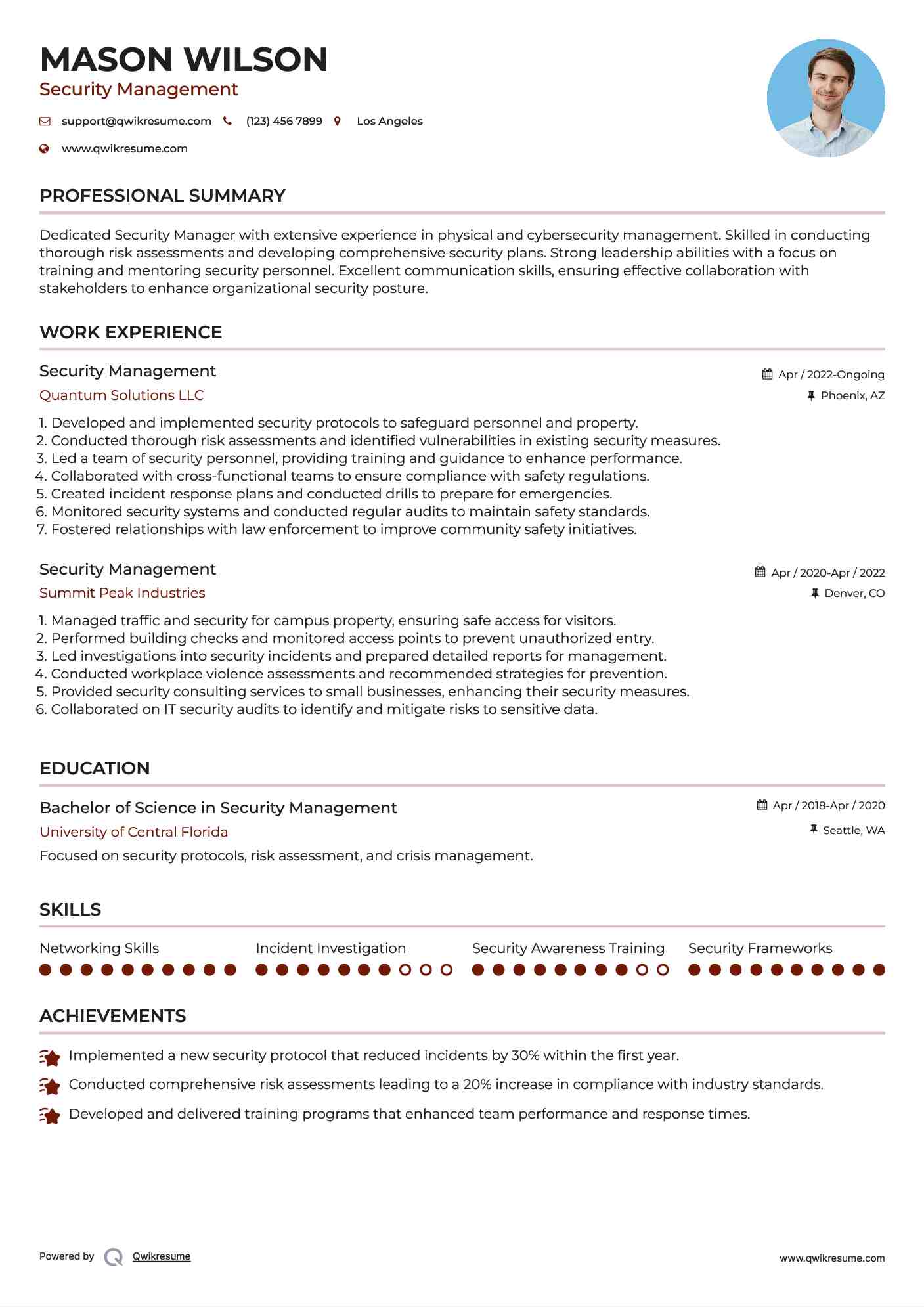 Security Management Resume Example