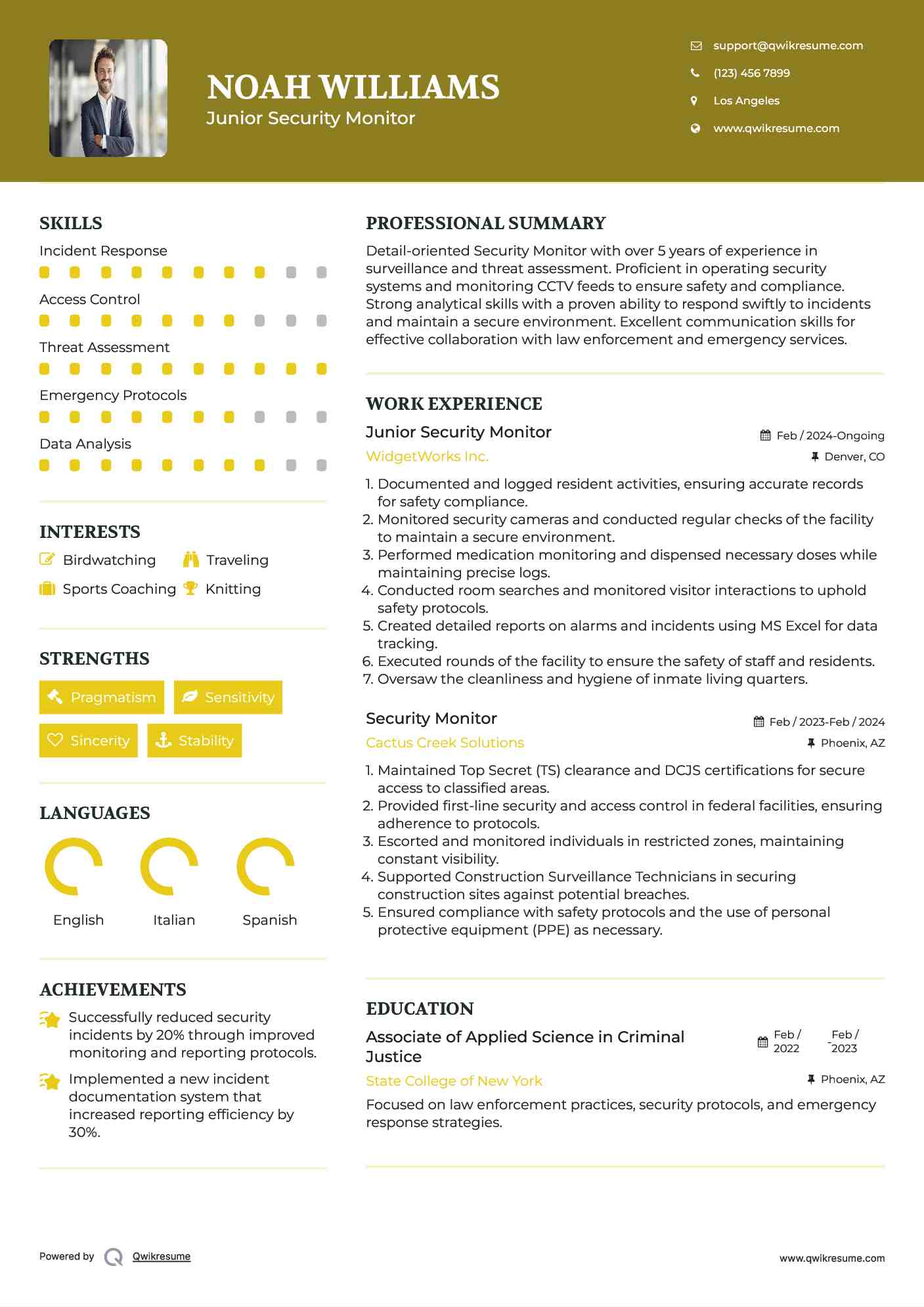 Junior Security Monitor Resume Example