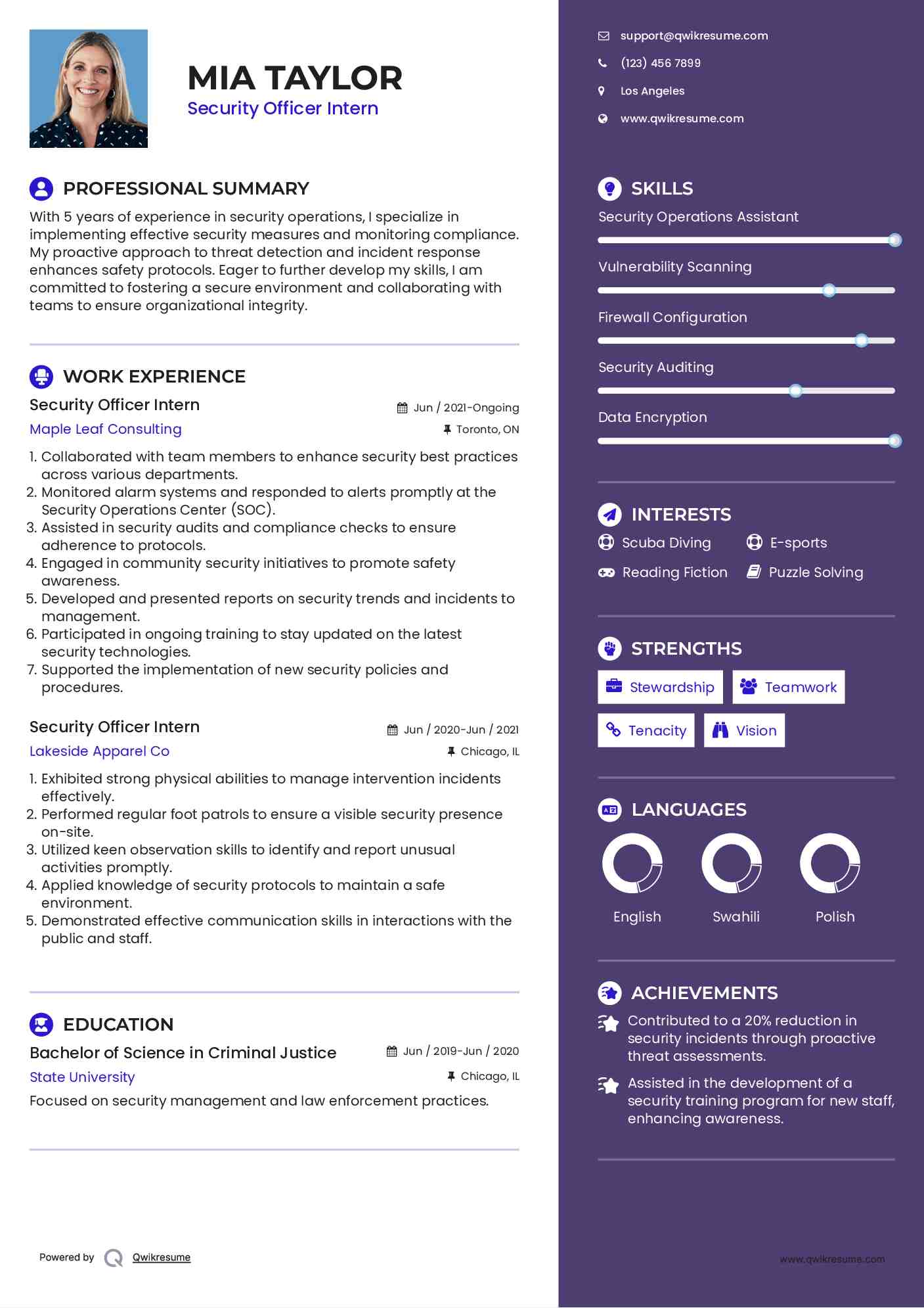 Security Officer Intern Resume Format