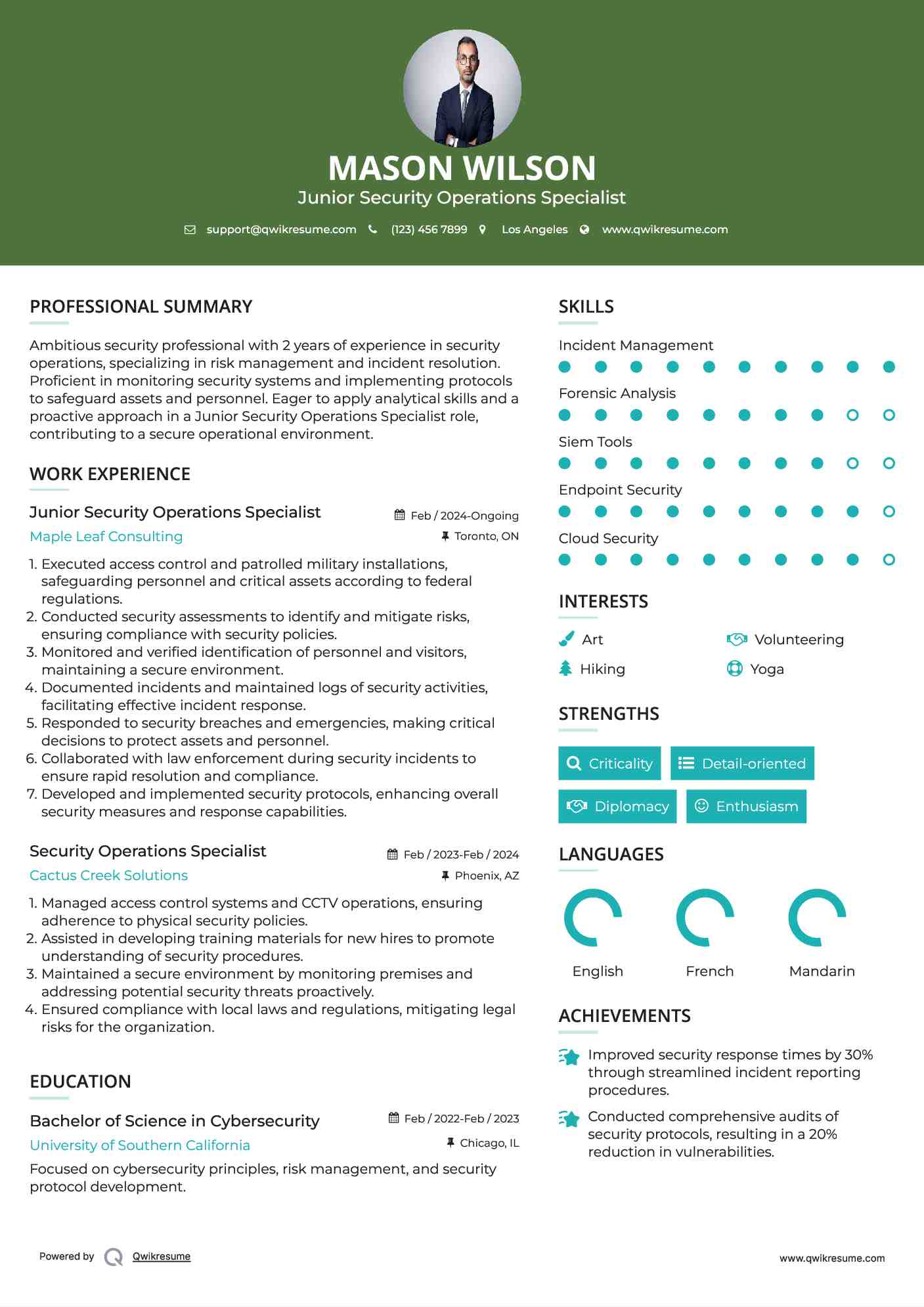 Junior Security Operations Specialist Resume Model