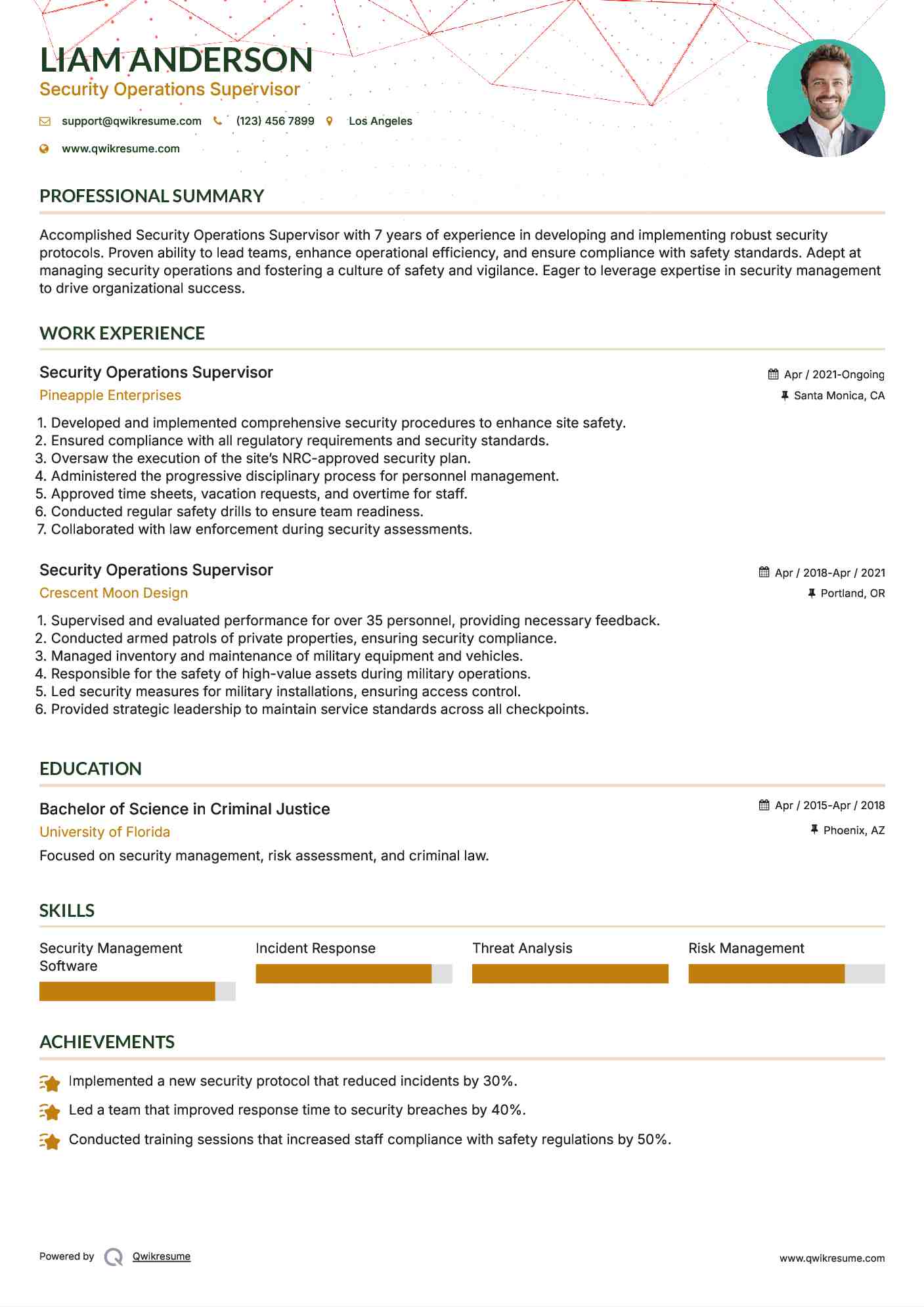 Security Operations Supervisor Resume Example