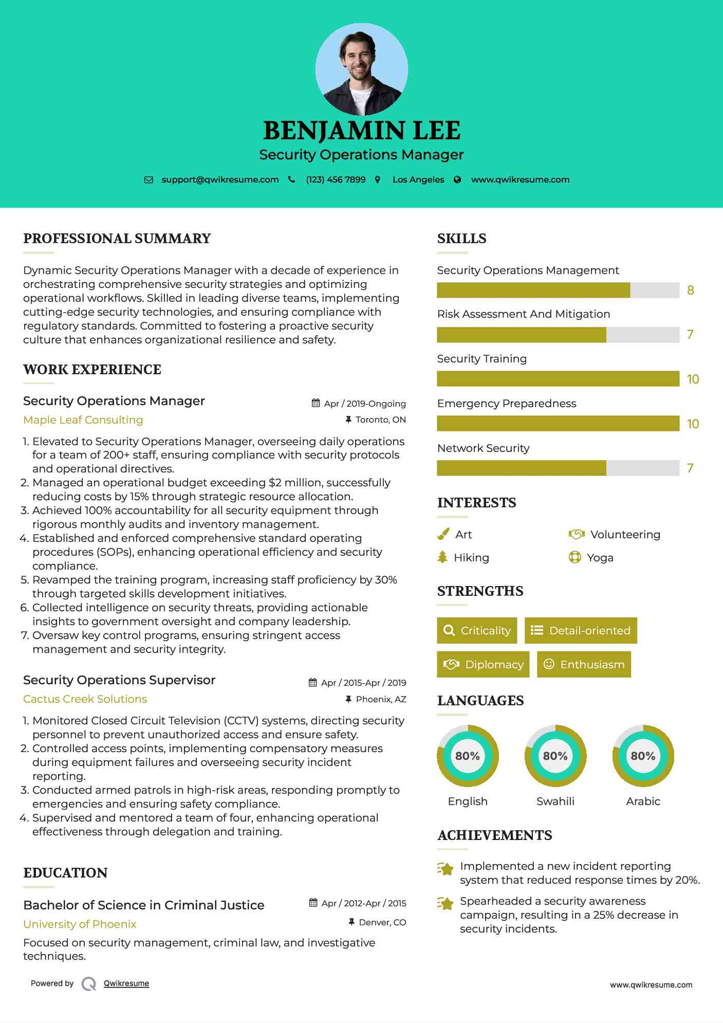 Security Operations Manager Resume Format