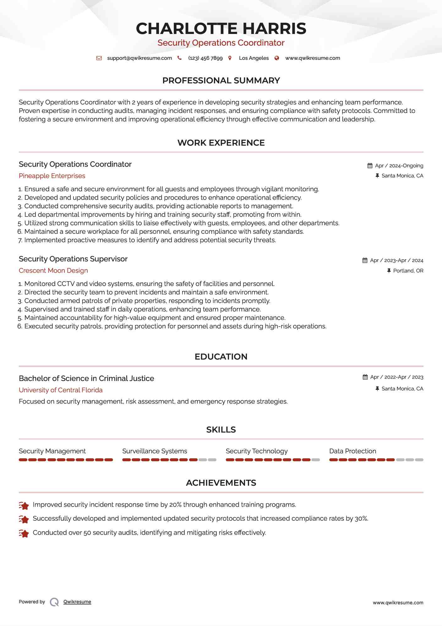 Security Operations Coordinator Resume Sample