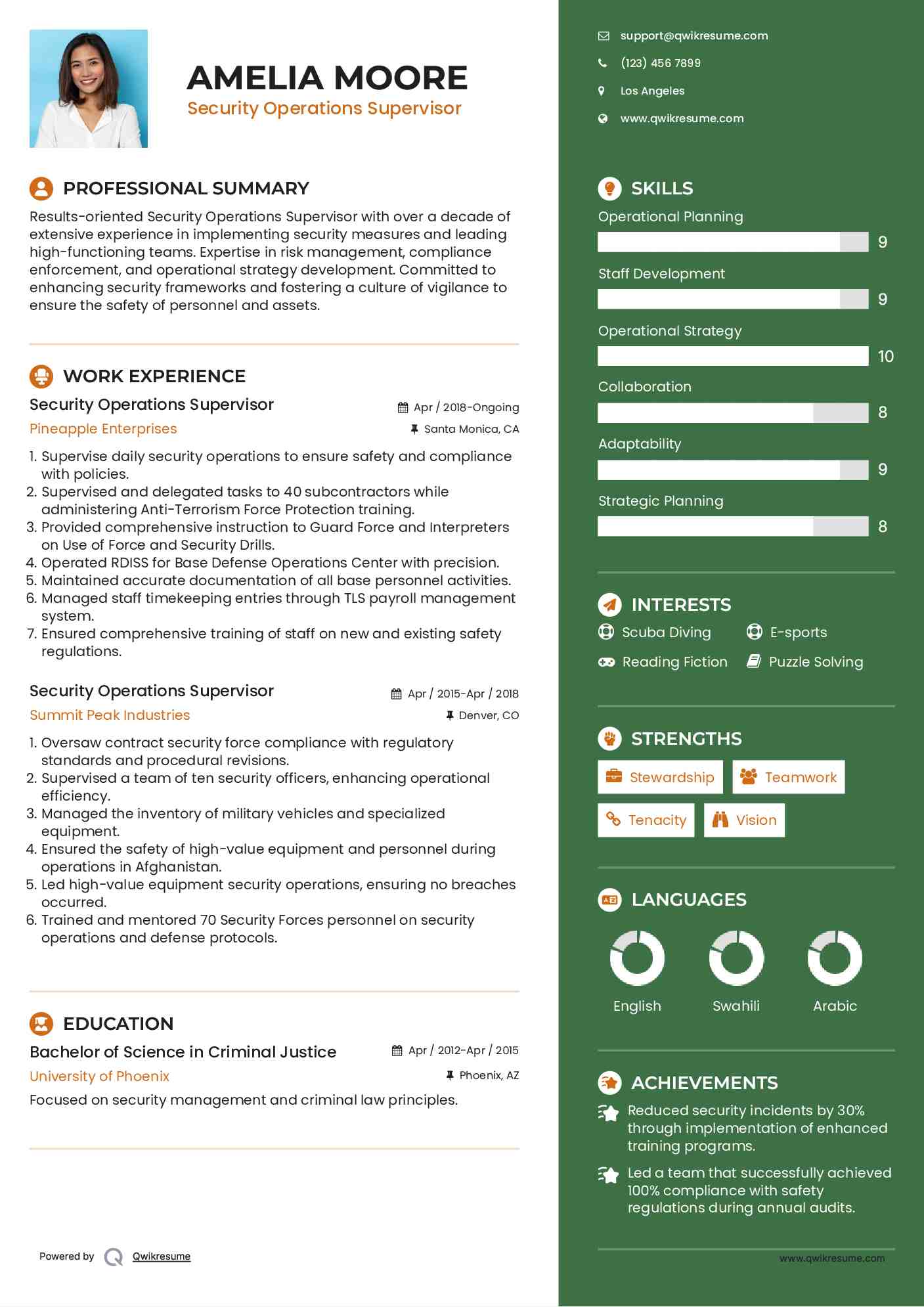 Security Operations Supervisor Resume Example