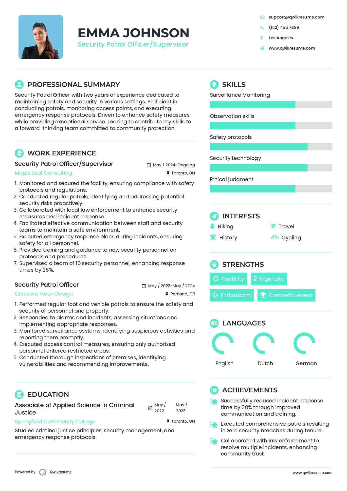 Security Patrol Officer/Supervisor Resume Format