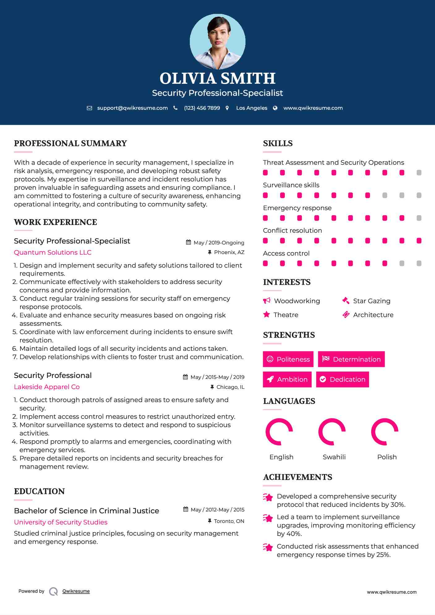 Security Professional-Specialist Resume Example