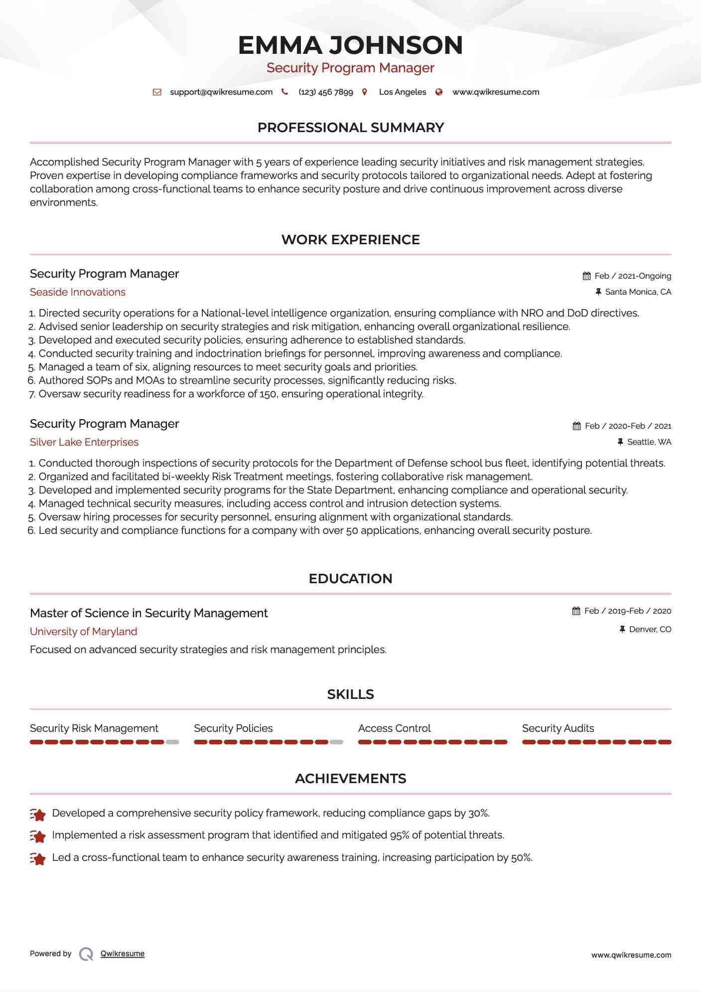 Security Program Manager Resume Model