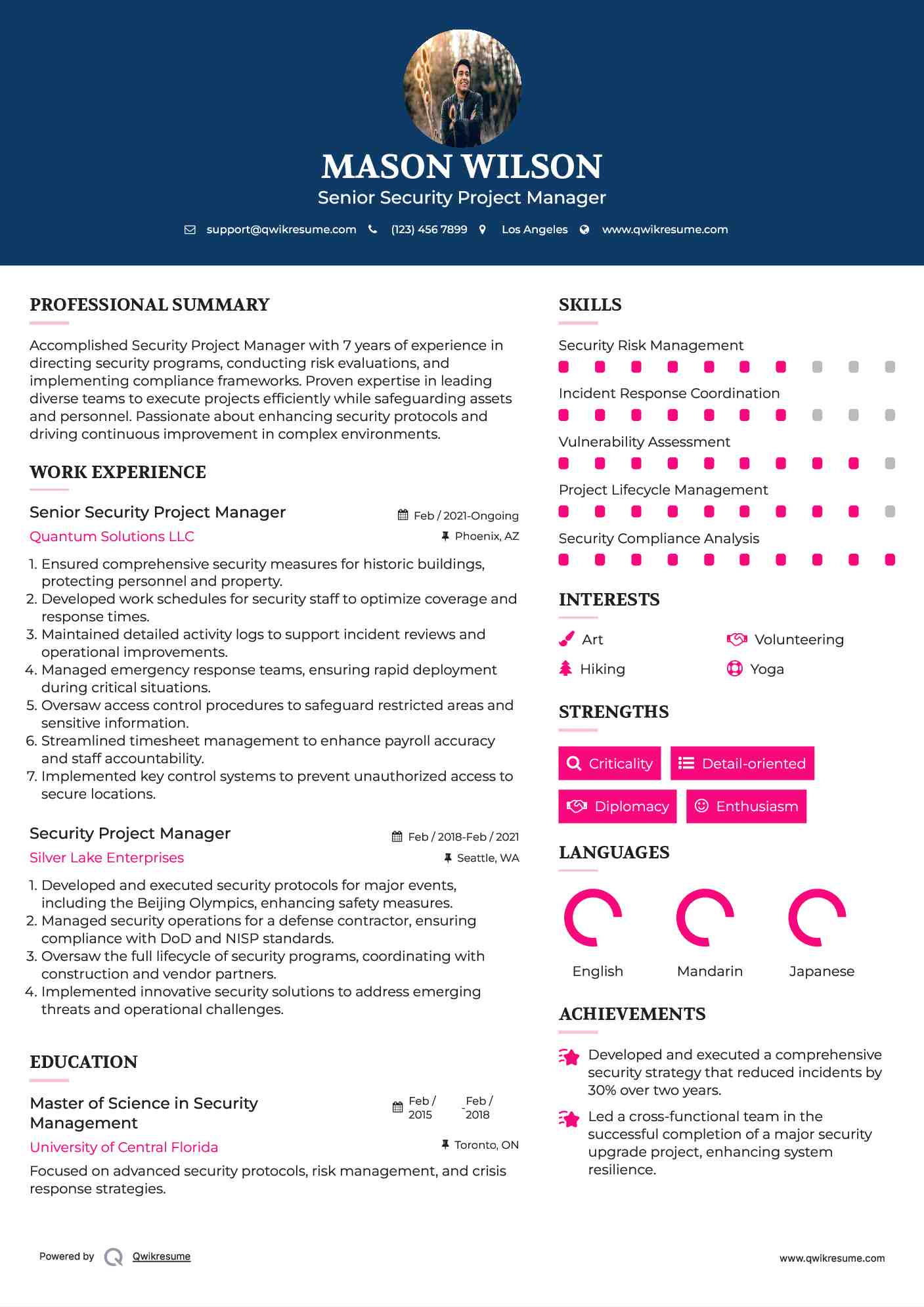 Senior Security Project Manager Resume Format