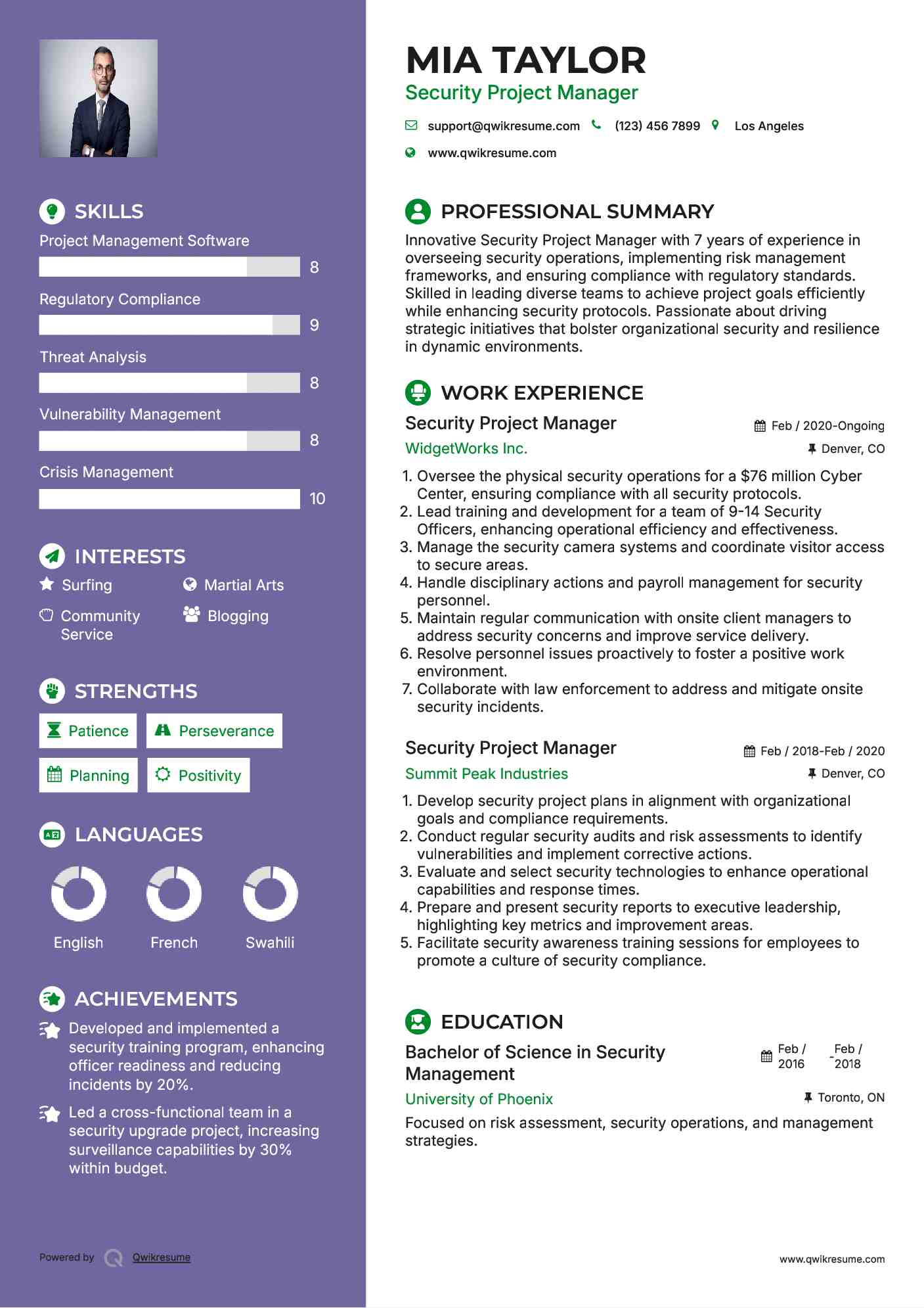Security Project Manager Resume Example