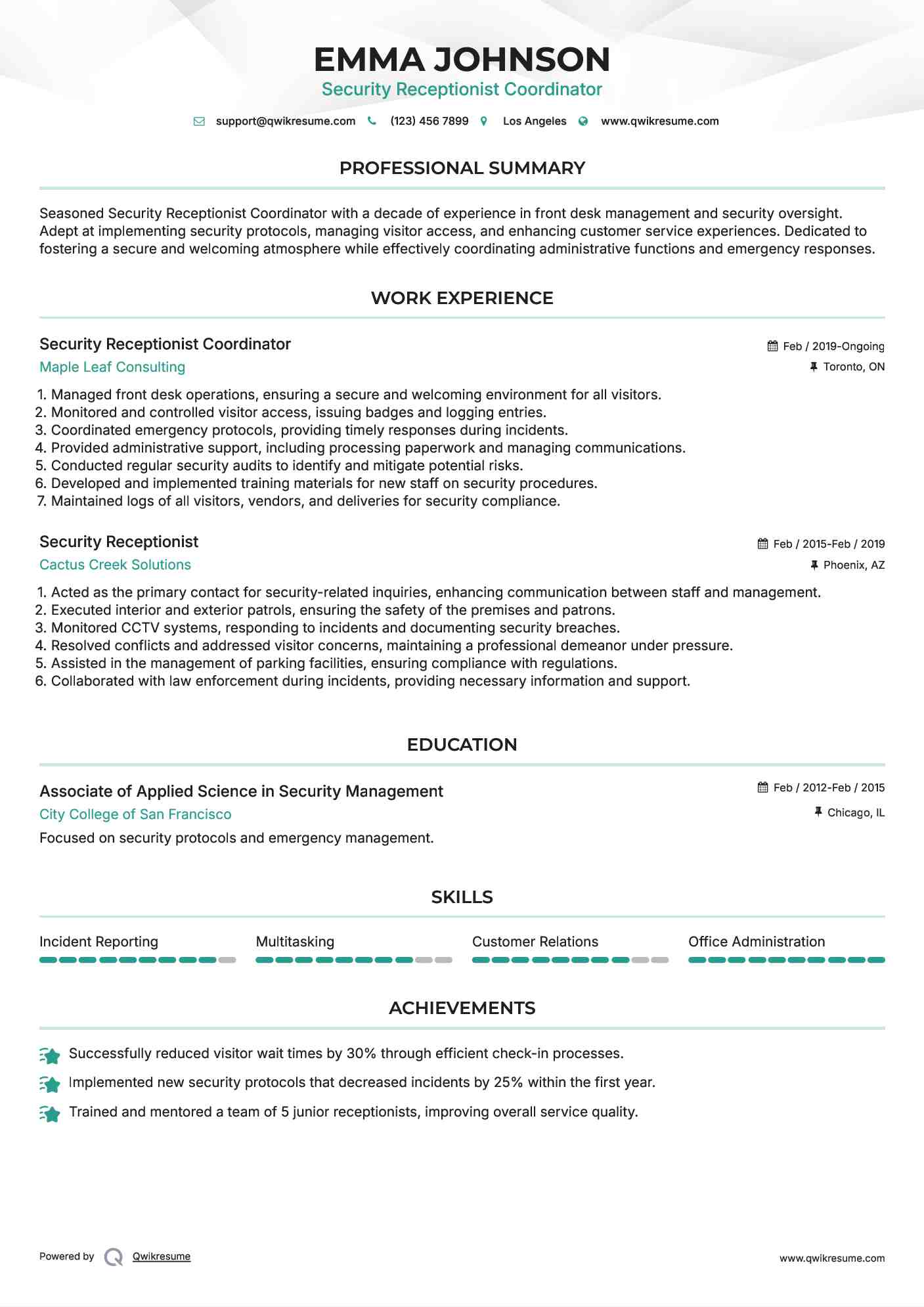 Security Receptionist Coordinator Resume Format