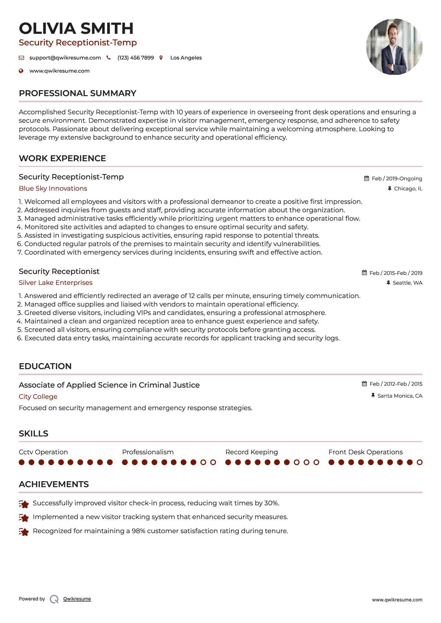 Security Receptionist-Temp Resume Model