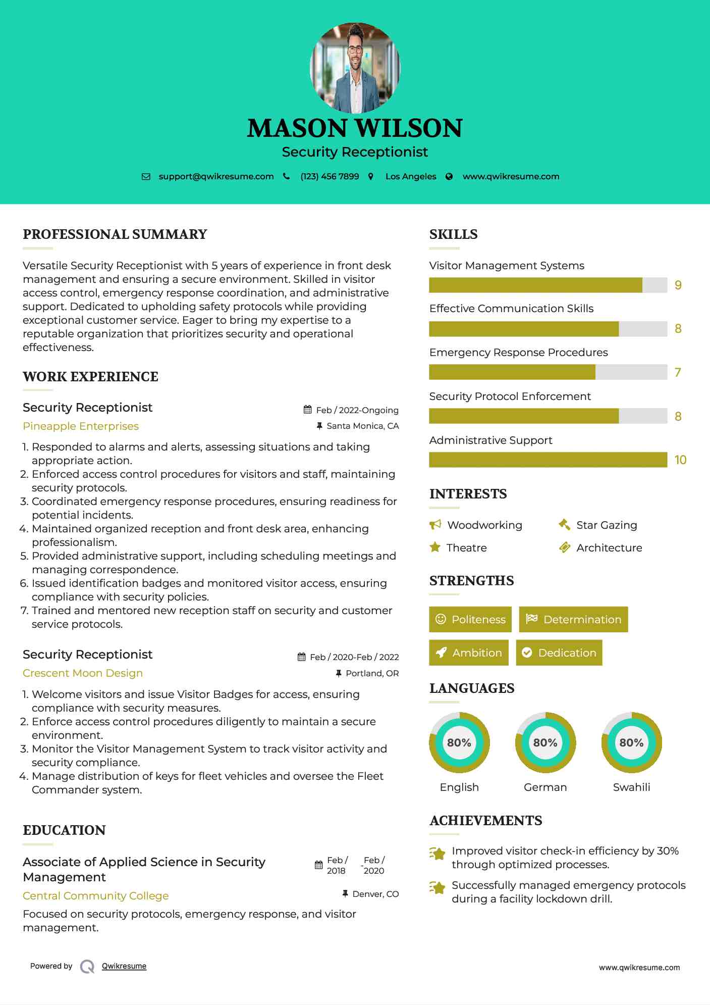 Security Receptionist Resume Template