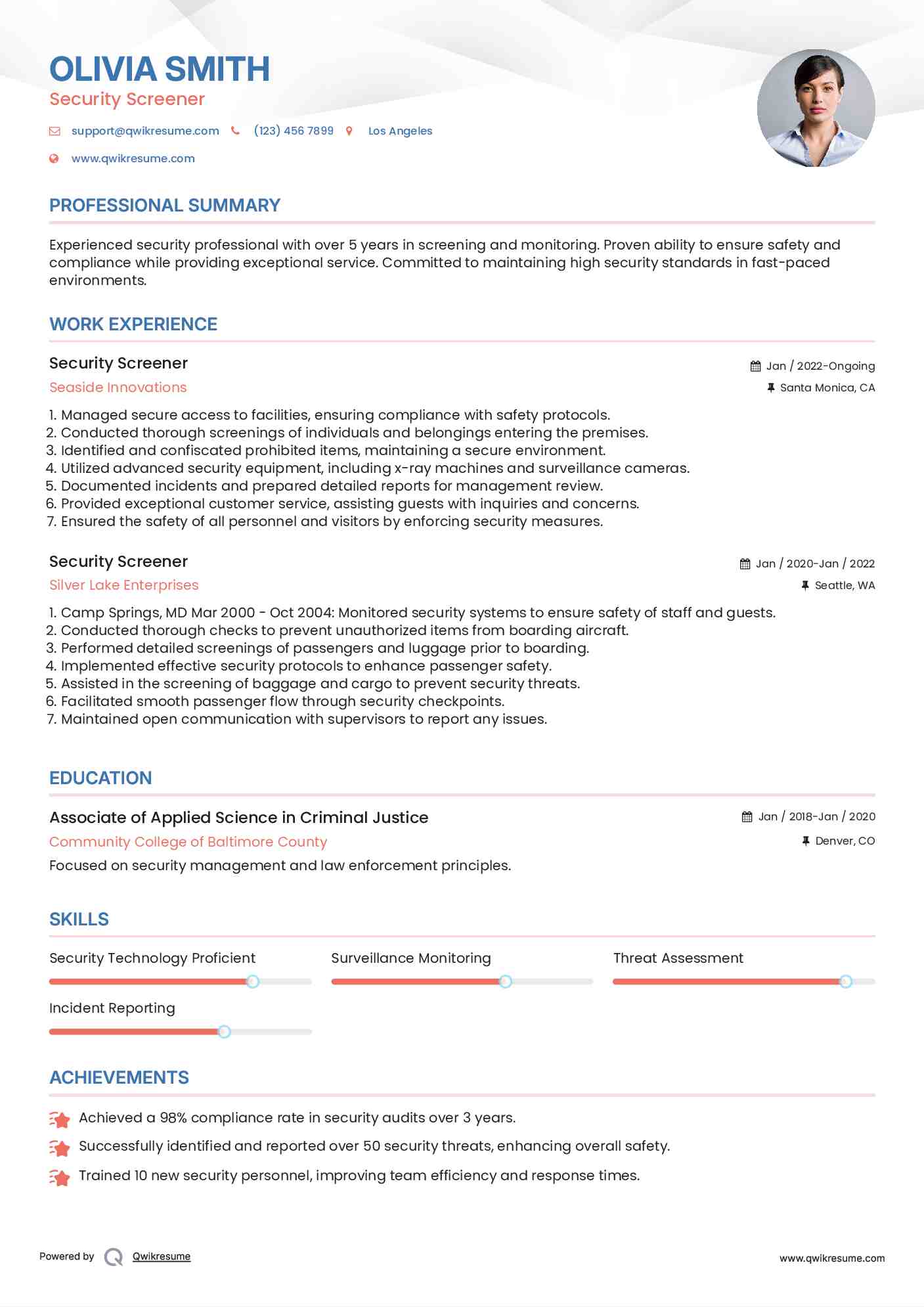 Security Screener Resume Example