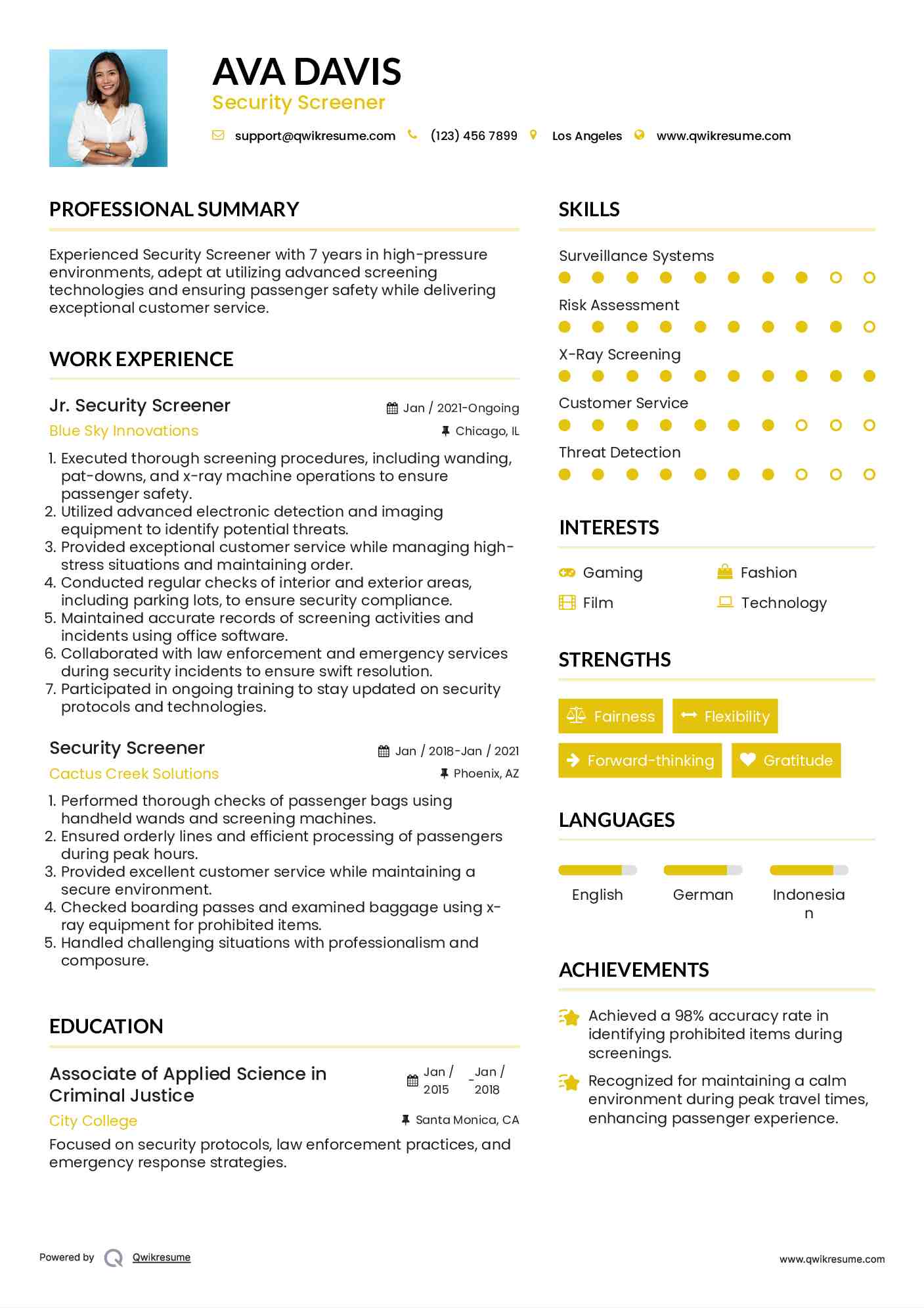 Jr. Security Screener Resume Model